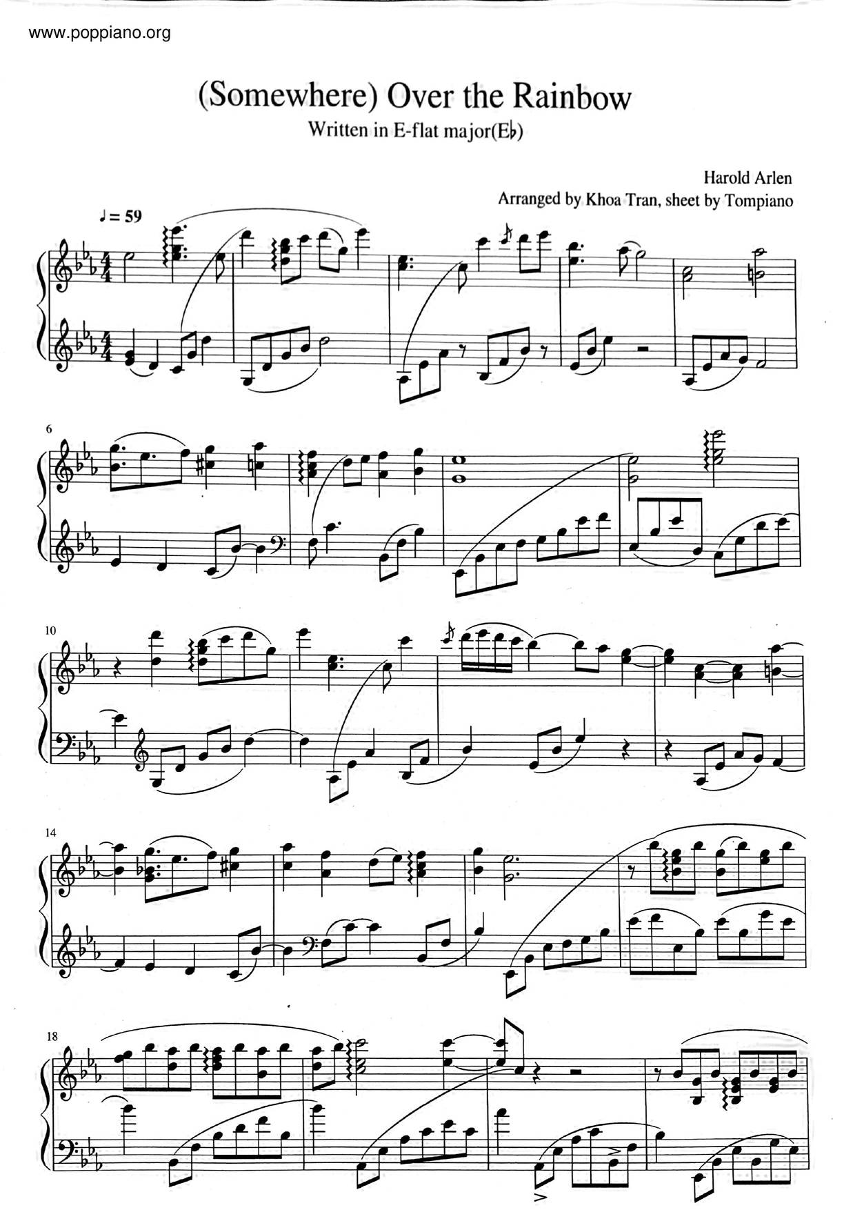 Harold Arlen Somewhere Over The Rainbow Sheet Music Pdf Free Score