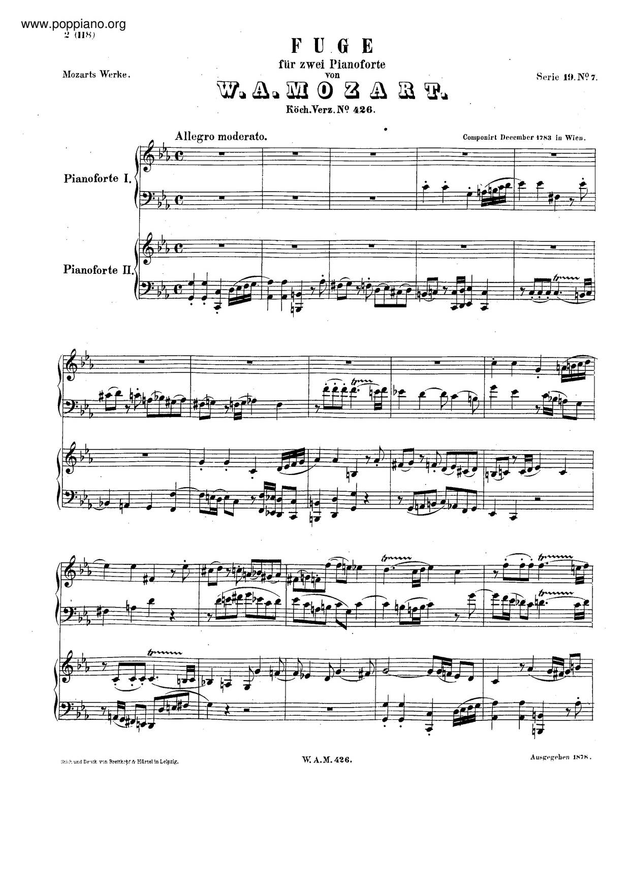 Wolfgang Amadeus Mozart-Fugue In C Minor, K. 426 琴谱/五线谱pdf-香港流行钢琴协会琴谱下载 ★