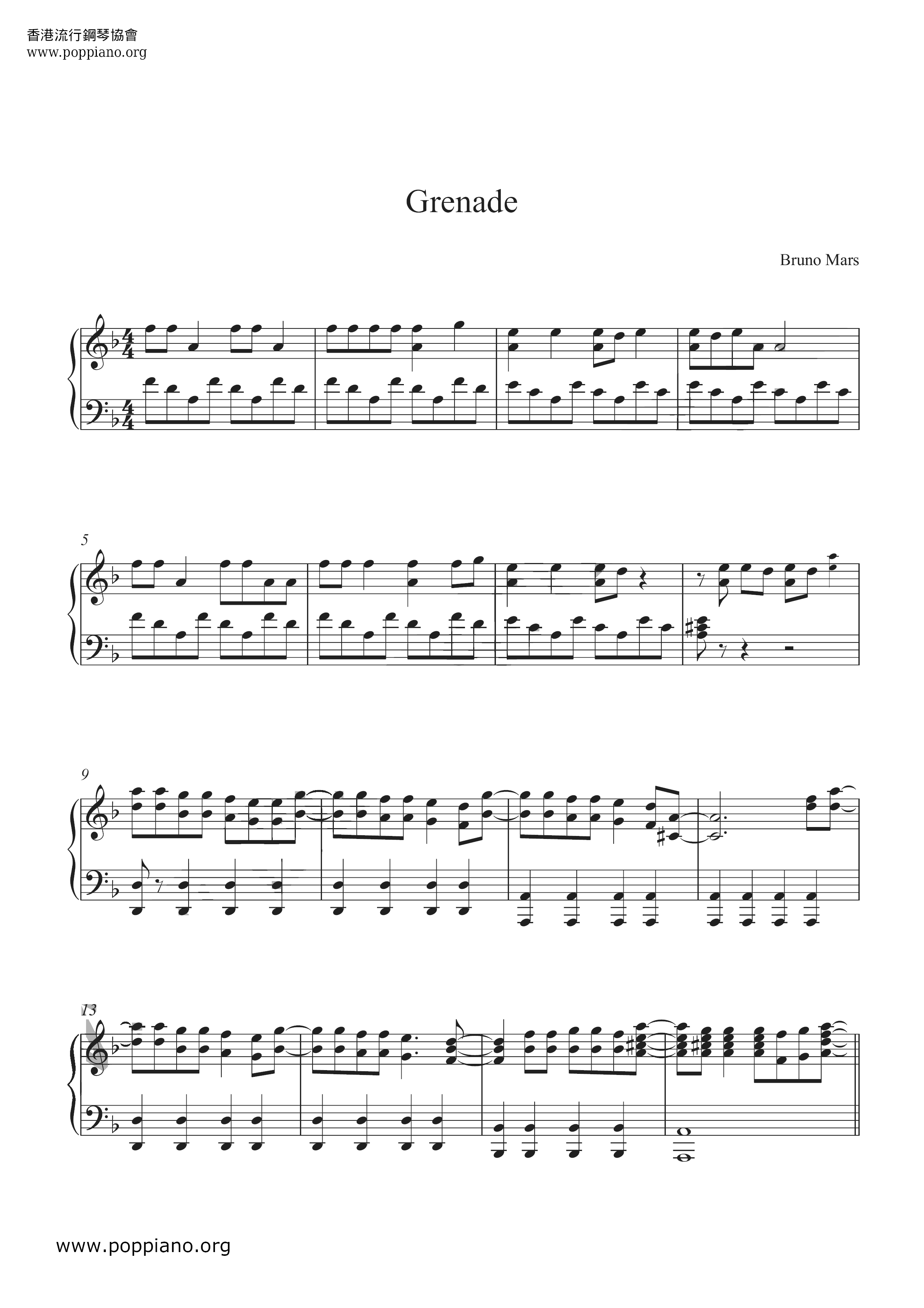 Bruno Mars Grenade Sheet Music Pdf Free Score Download ★