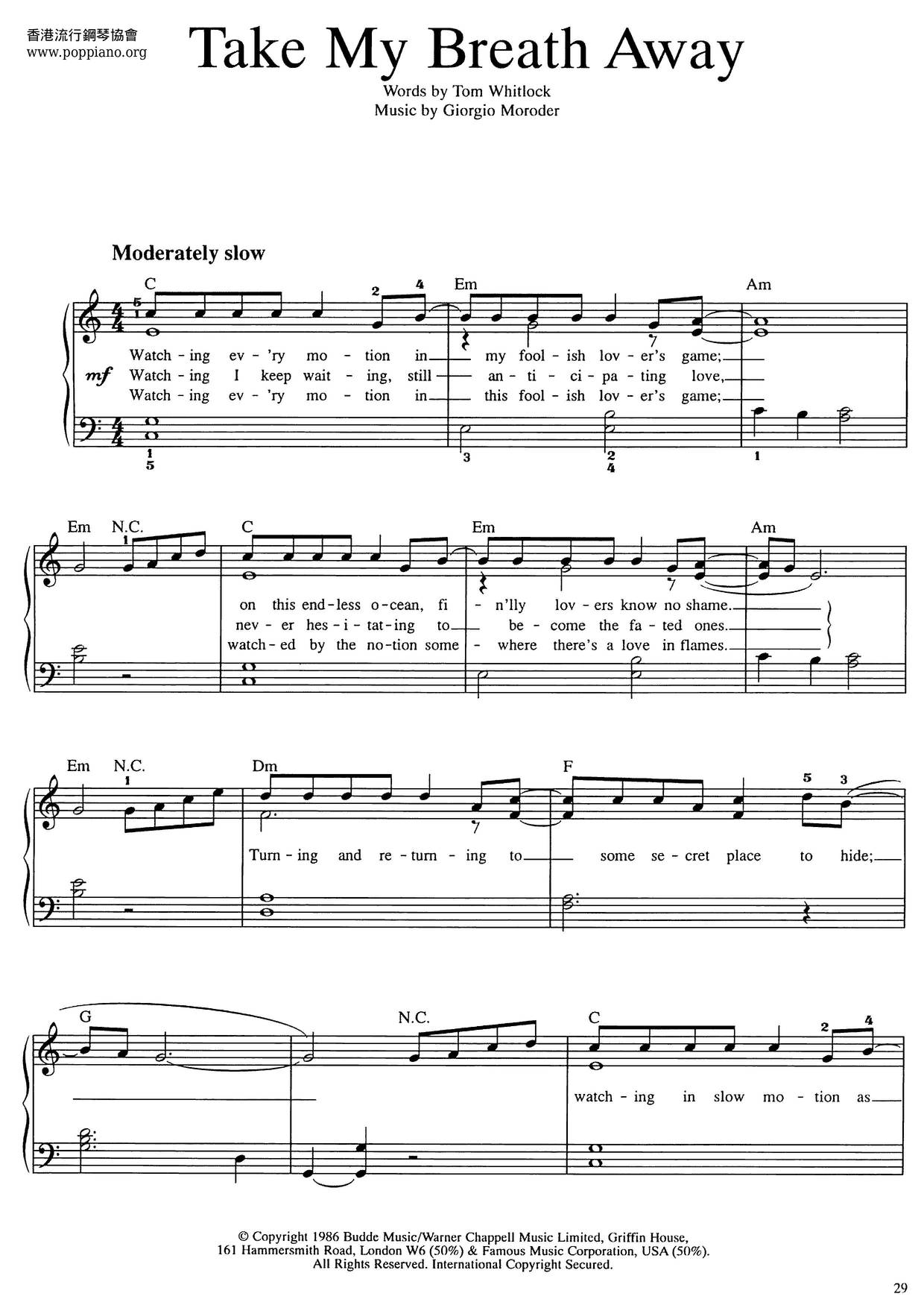 Berlin Take My Breath Away Sheet Music Pdf Free Score Download ★