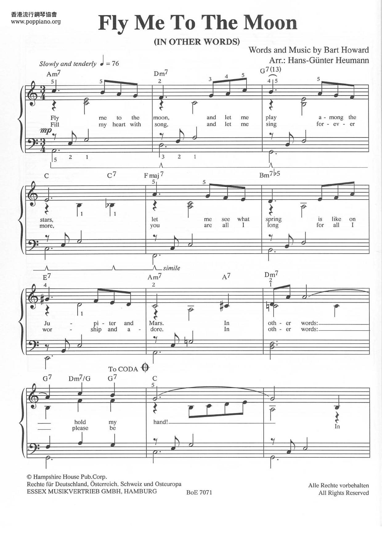 Frank Sinatra Fly Me To The Moon In Other Words Sheet Music Pdf Free Score Download ★