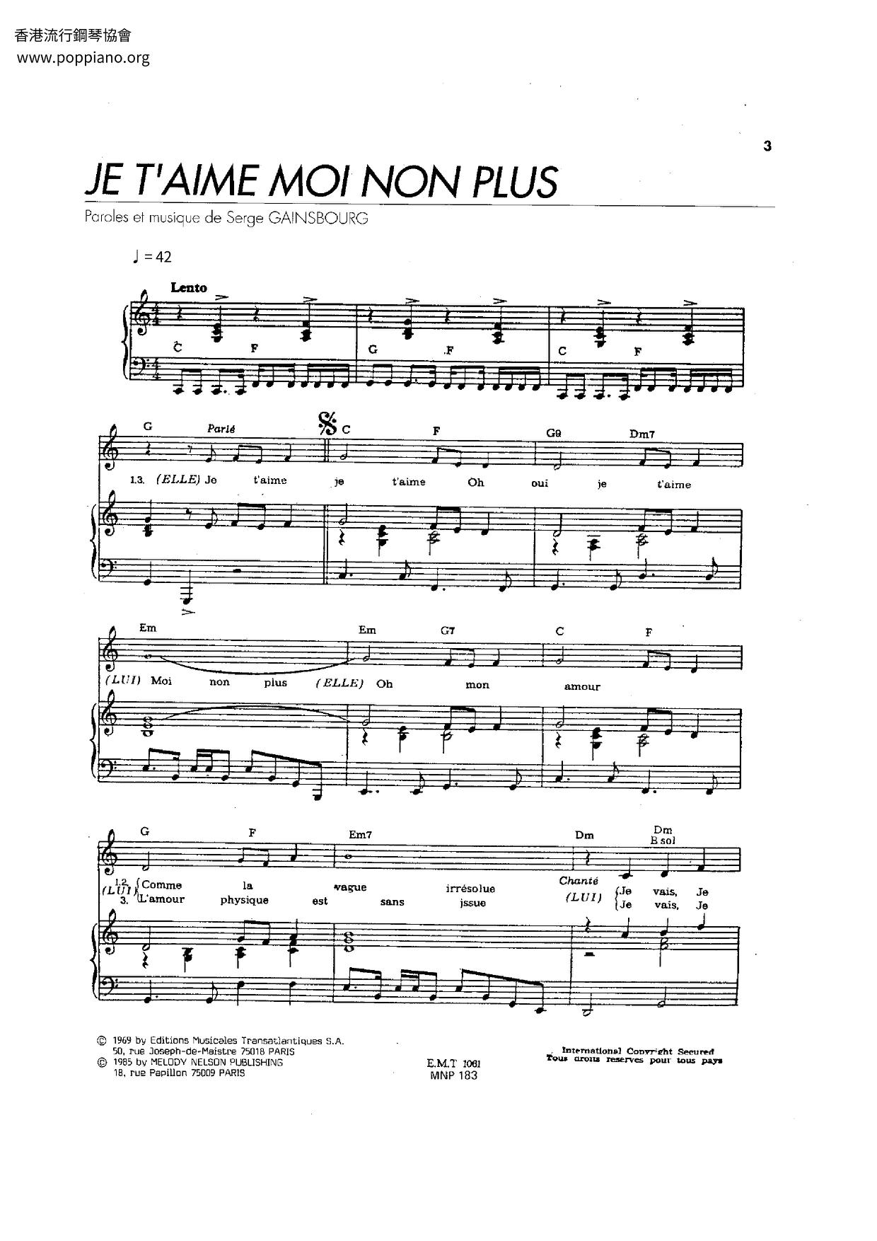 Jane Birkin, Serge Gainsbourg-Je T'Aime Moi Non Plus Sheet Music Pdf ...