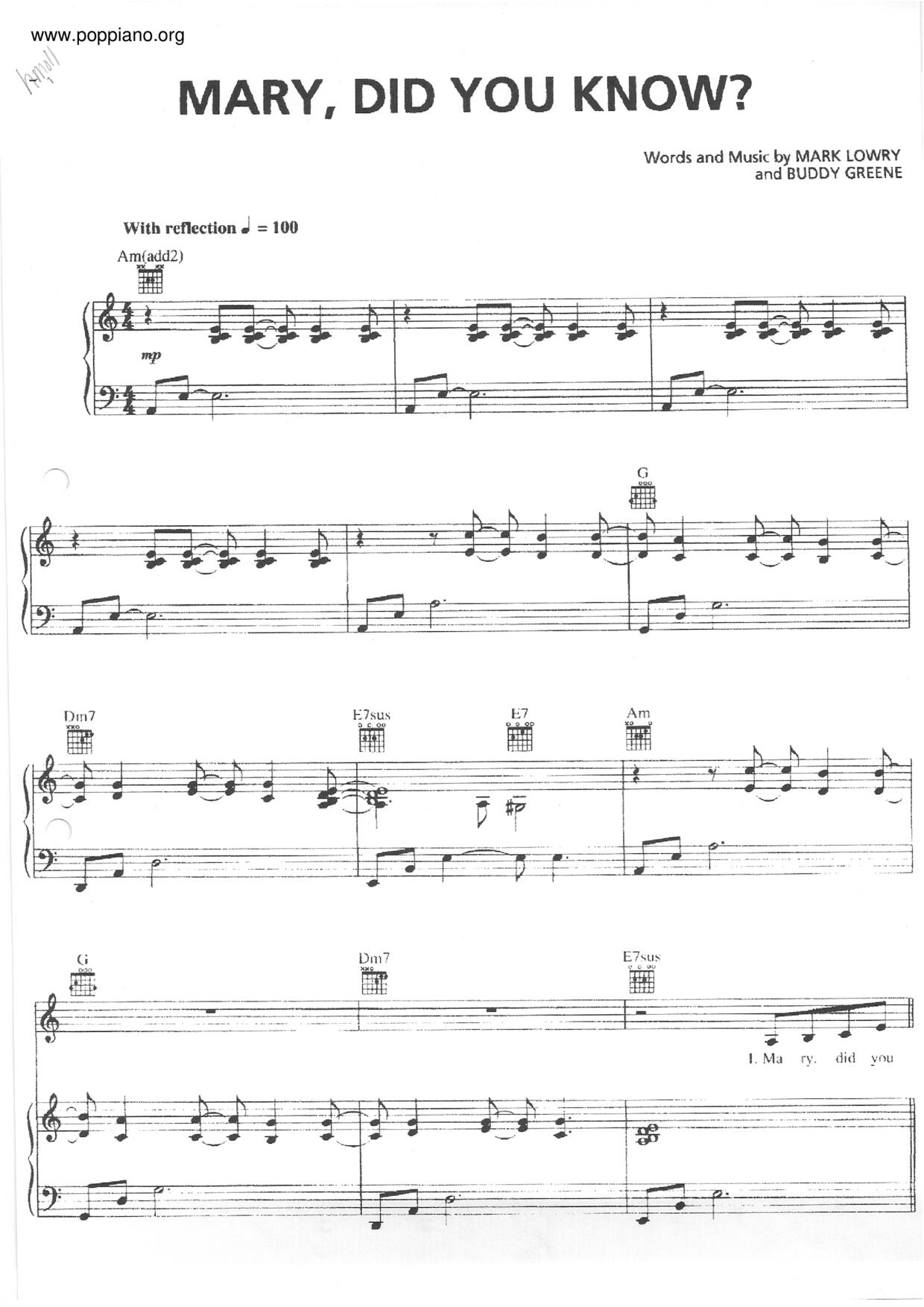 Hymn Mary Did You Know Sheet Music Pdf Free Score Download