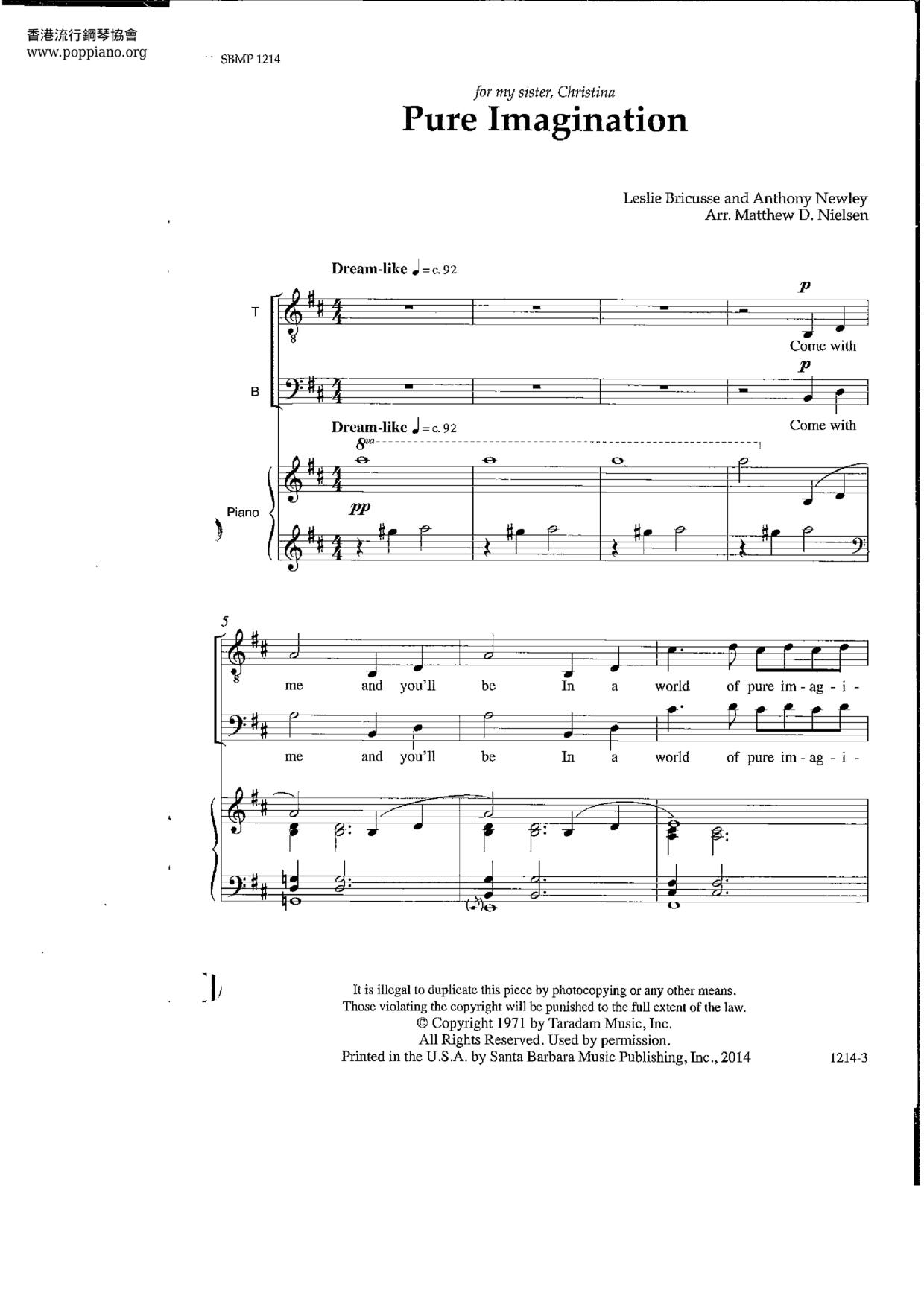 Leslie Bricusse And Anthony Newley Pure Imagination Sheet Music Pdf Free Score Download ★ 2049