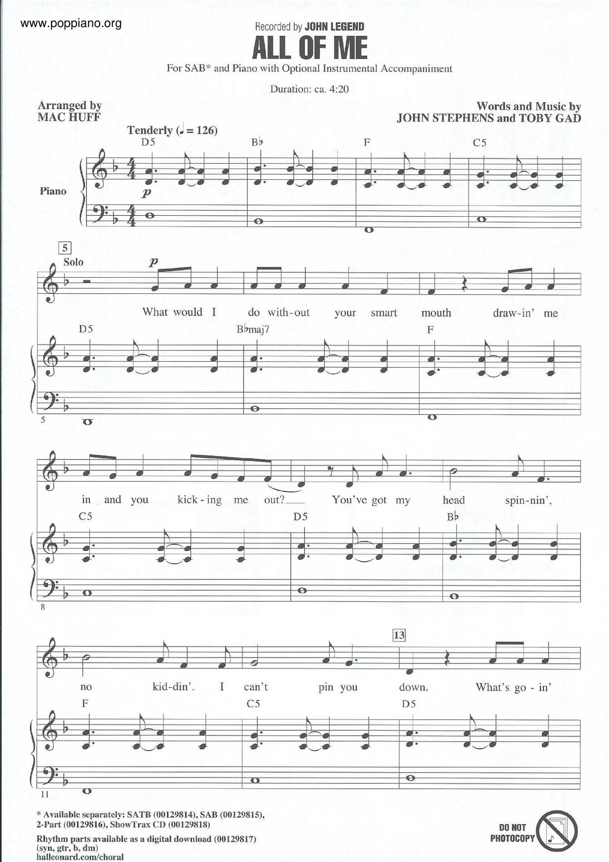 John Legend All Of Me 琴譜pdf 香港流行鋼琴協會琴譜下載 ★ 6737