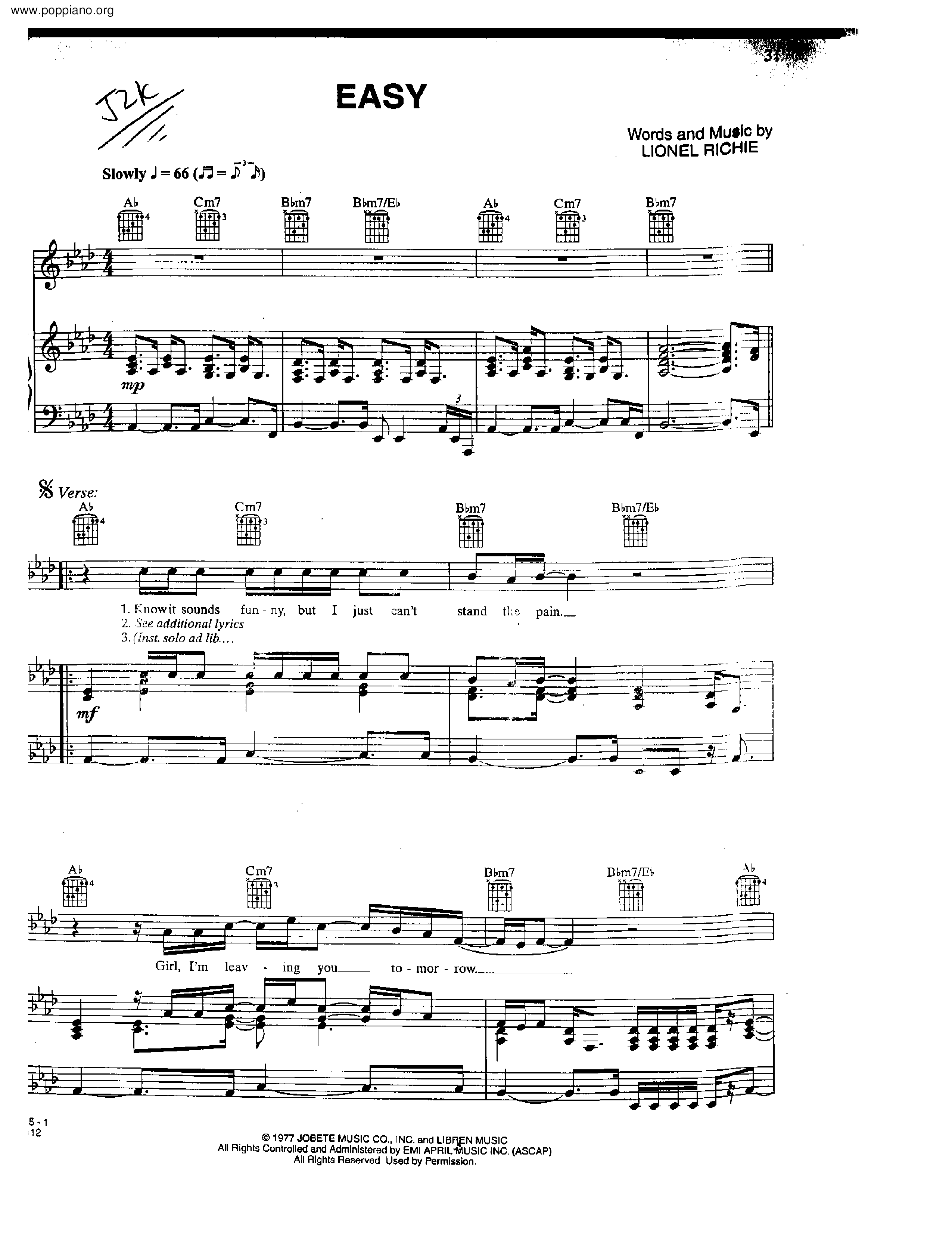 Lionel Richie Easy Sheet Music Pdf Free Score Download