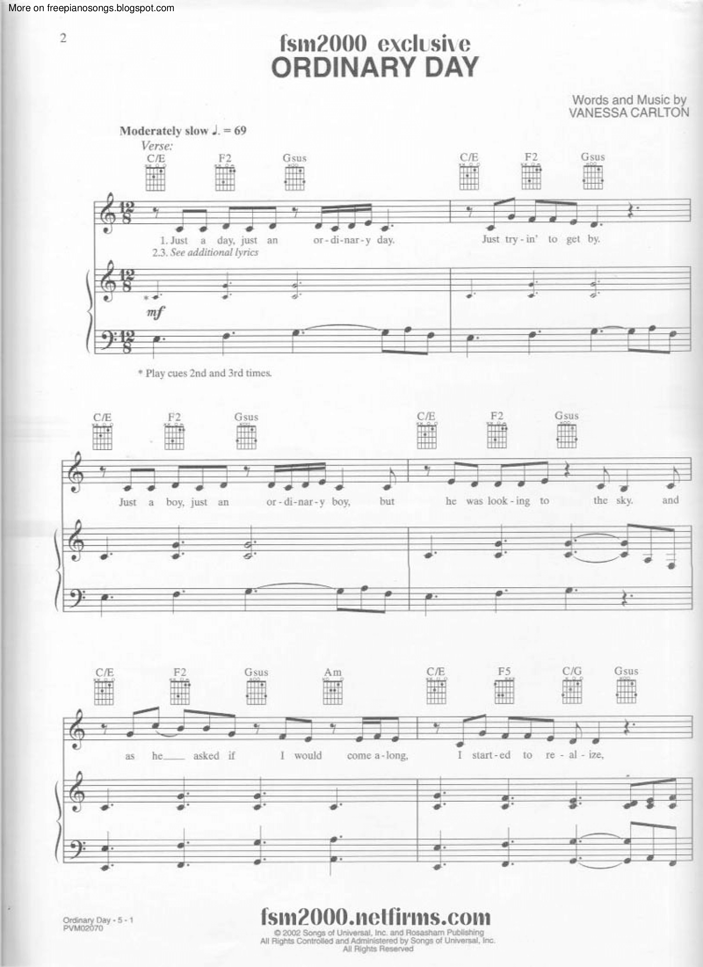 Vanessa Carlton Ordinary Day Piano Sheet Music - Best Music Sheet