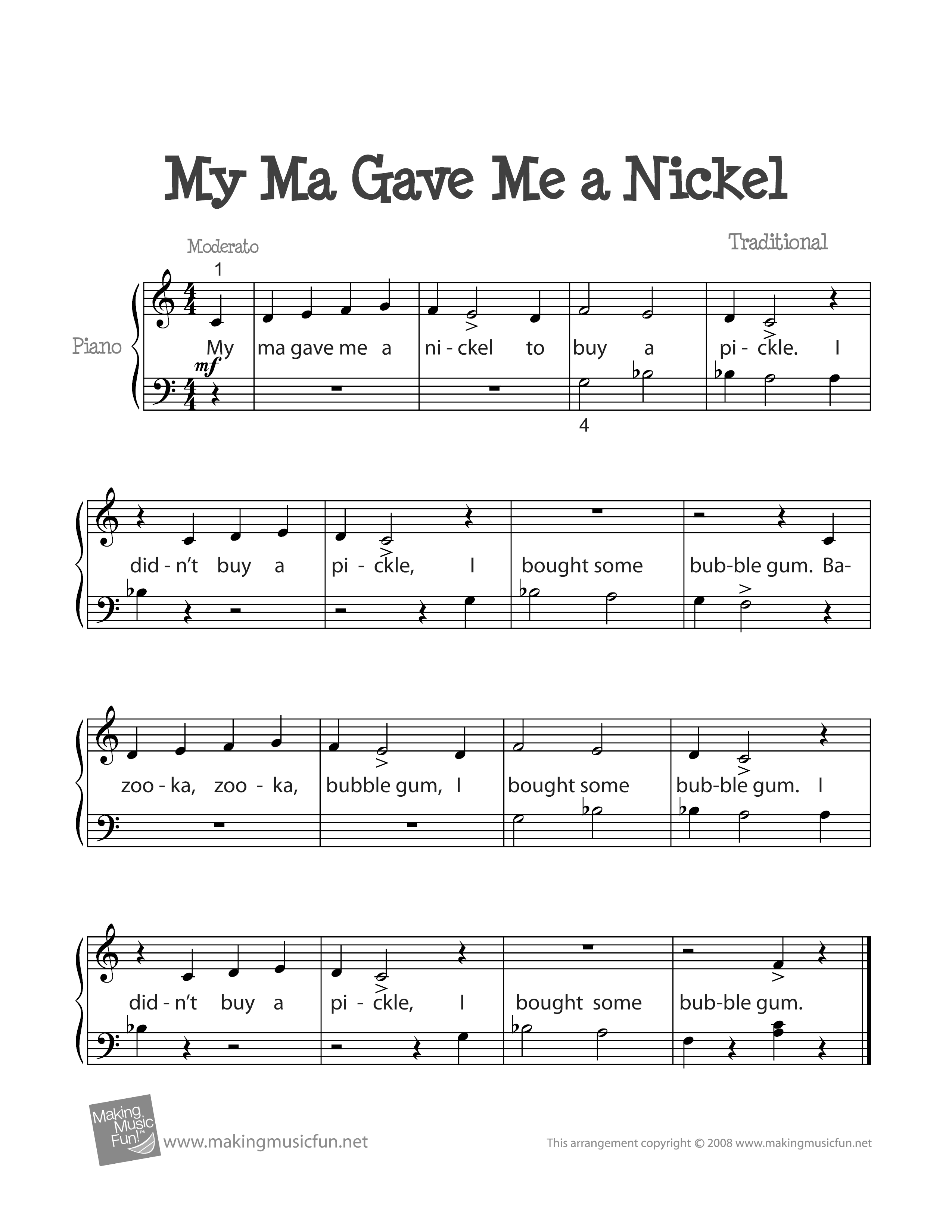 My Ma Gave Me a Nickel琴谱