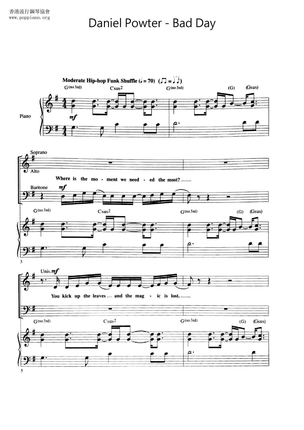 Daniel Powter Bad Day Sheet Music Pdf Free Score Download