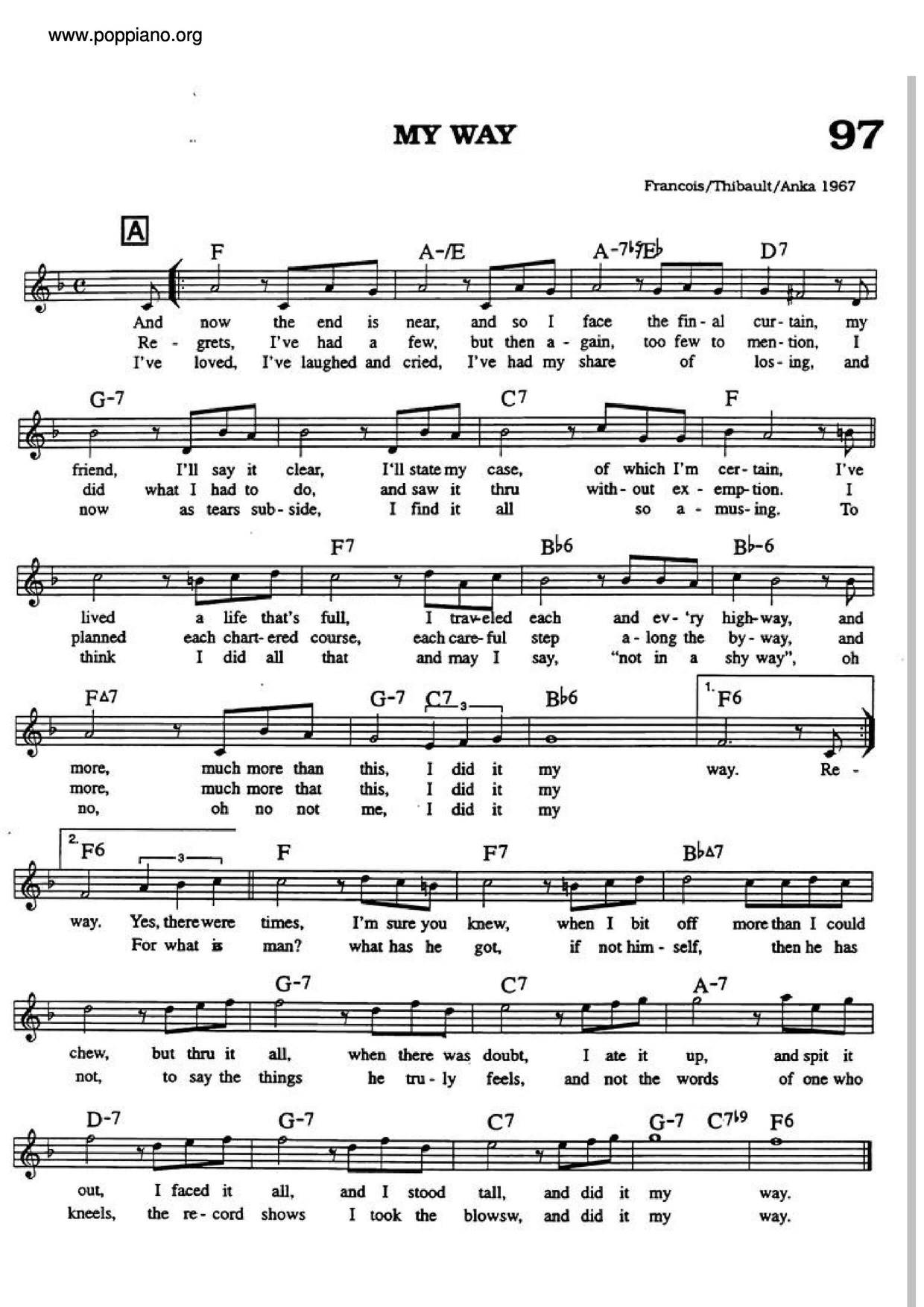 Frank Sinatra My Way Sheet Music Notes Download Printable Pdf Score Sexiz Pix
