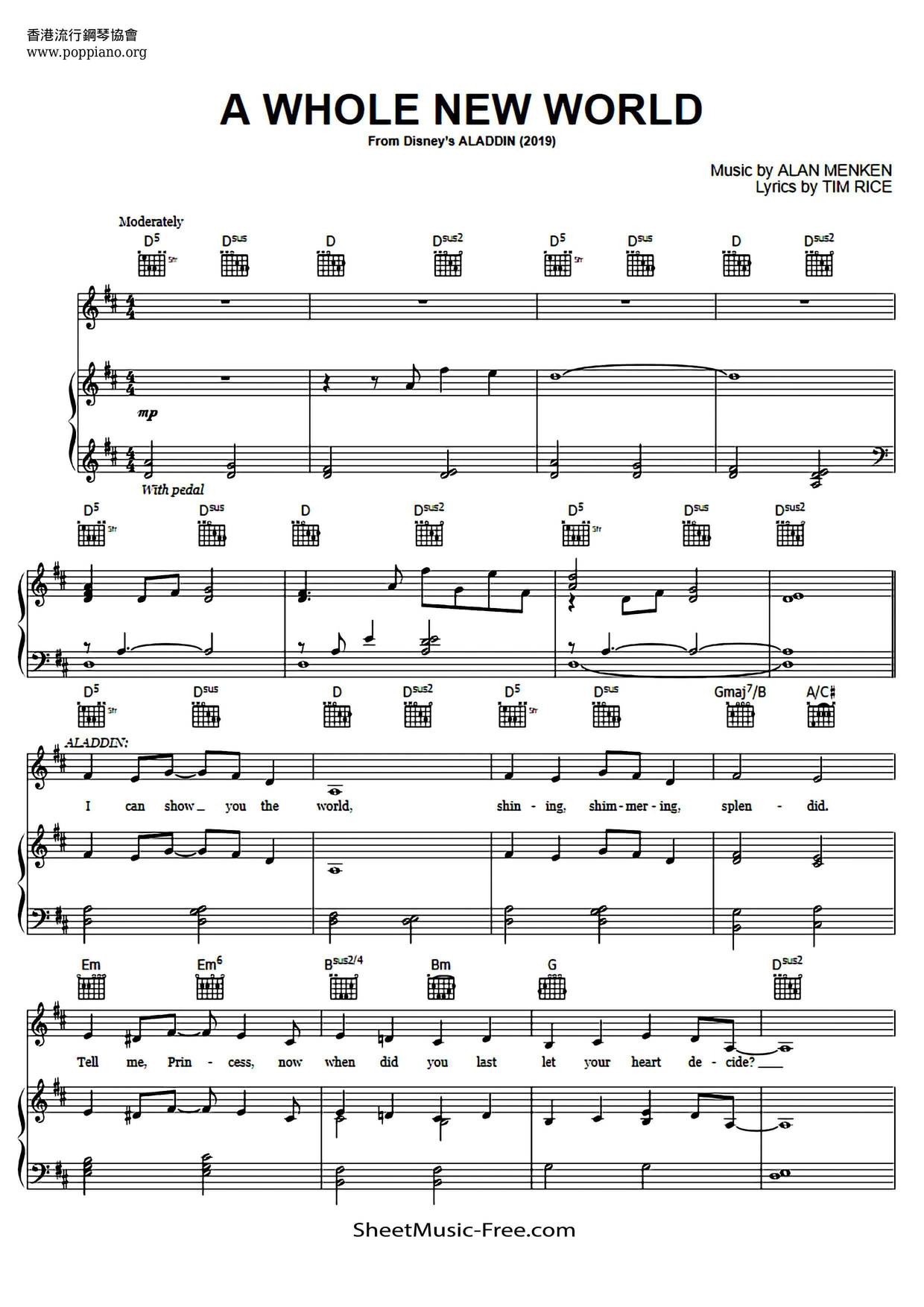 Disney Aladdin A Whole New World Sheet Music Pdf ア ホール ニュー ワールド 楽譜 ディズニー Free Score Download