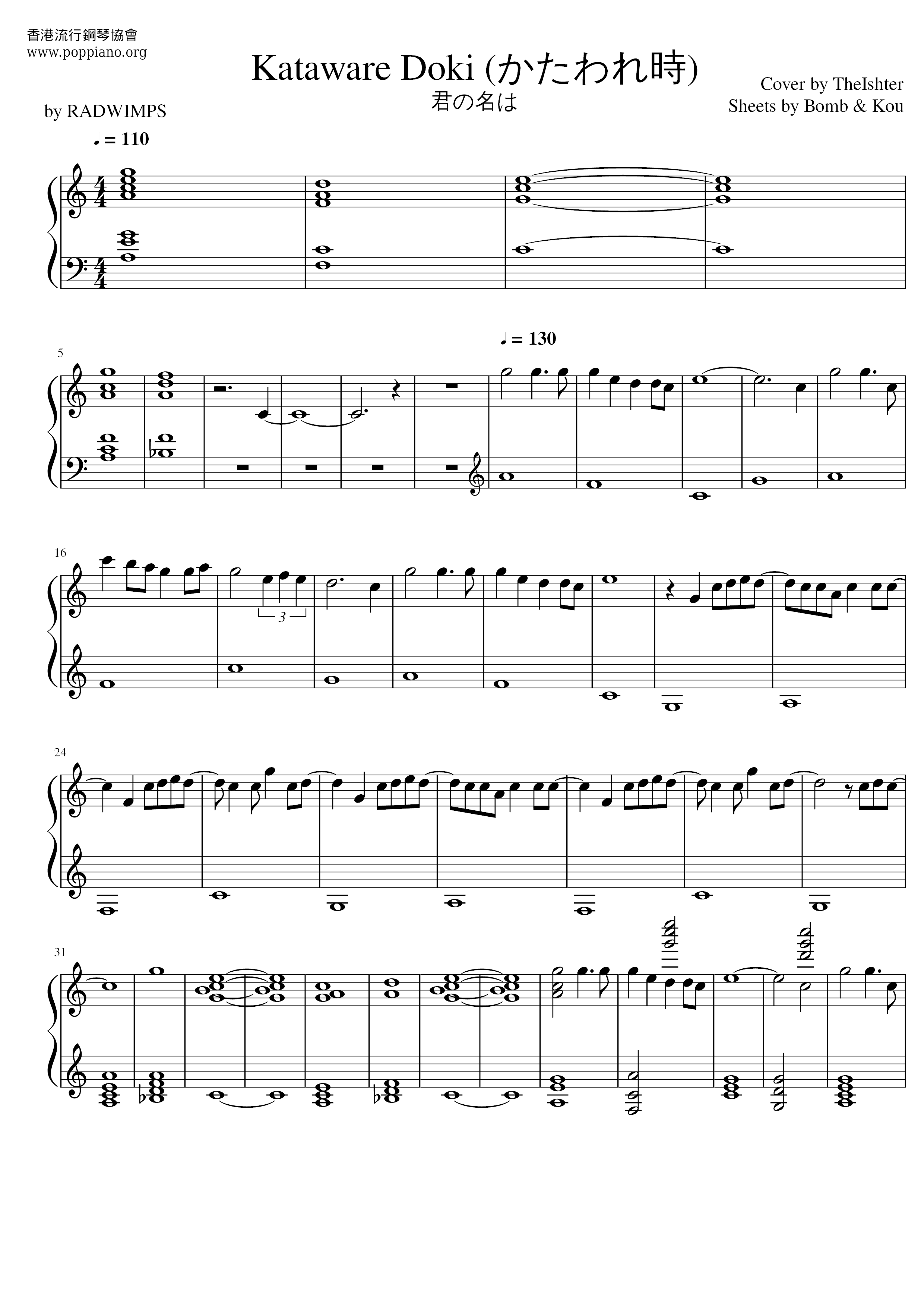 Radwimps When You Are Separated Sheet Music Pdf 君の名は 分身之時 楽譜 ラッドウインプス Free Score Download