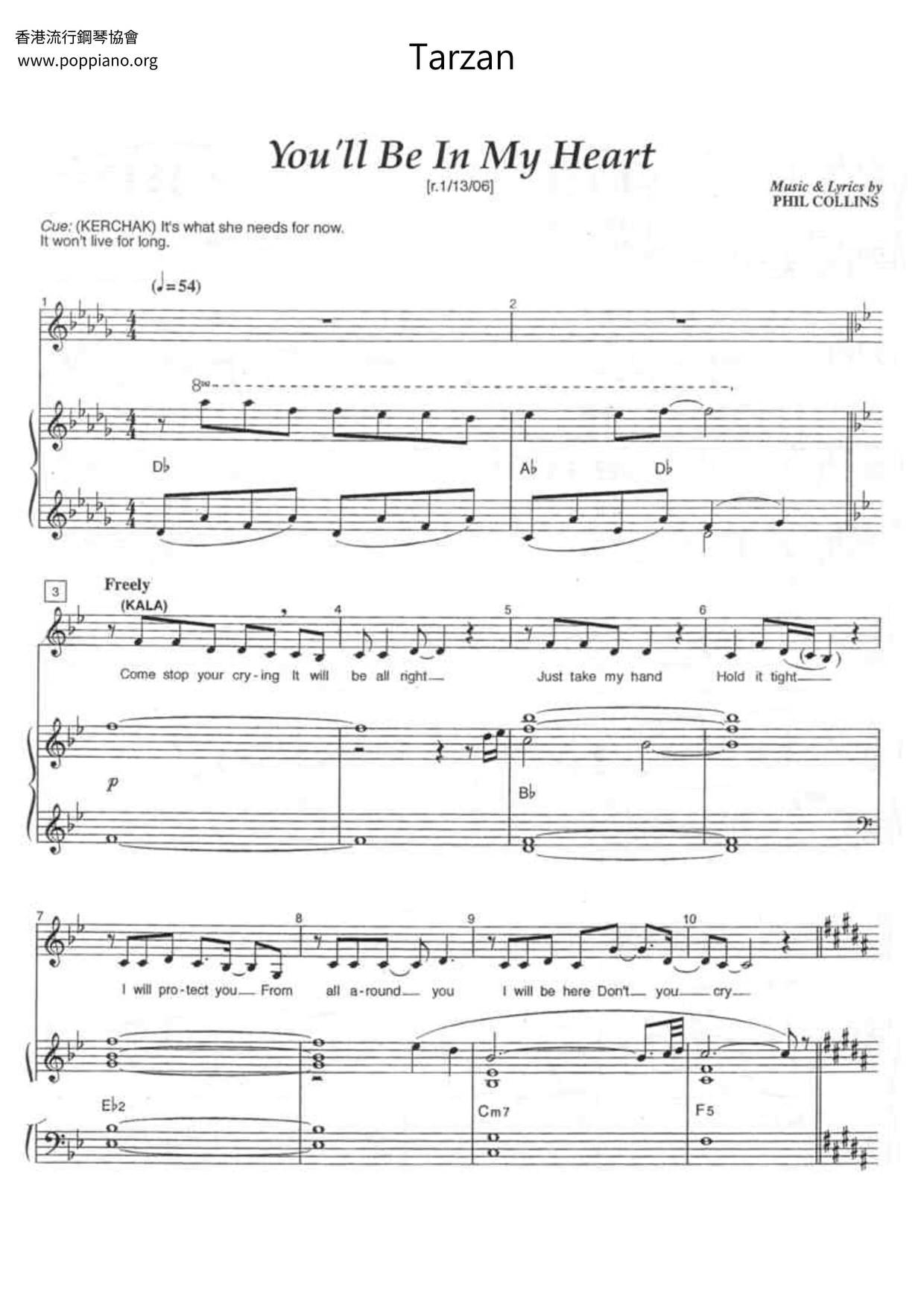 Phil Collins Tarzan You Ll Be In My Heart Sheet Music Pdf Free Score Download