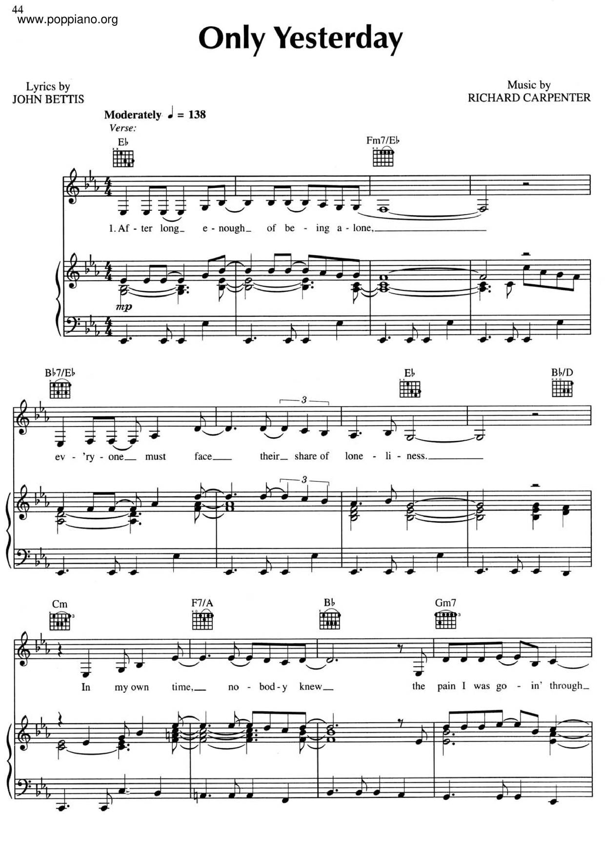 Carpenters Only Yesterday Sheet Music Pdf 愛は花 君はその種子 楽譜 カーペンターズ Free Score Download