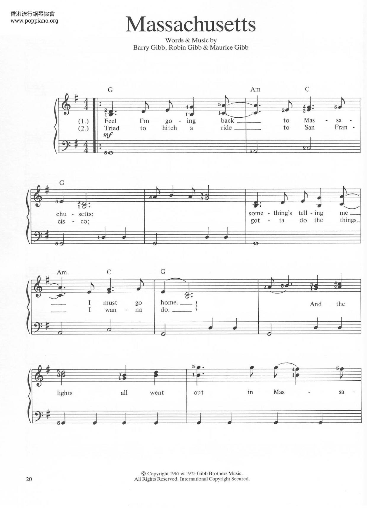 Bee Gees-Massachusetts Sheet Music Pdf, - Free Score Download ★