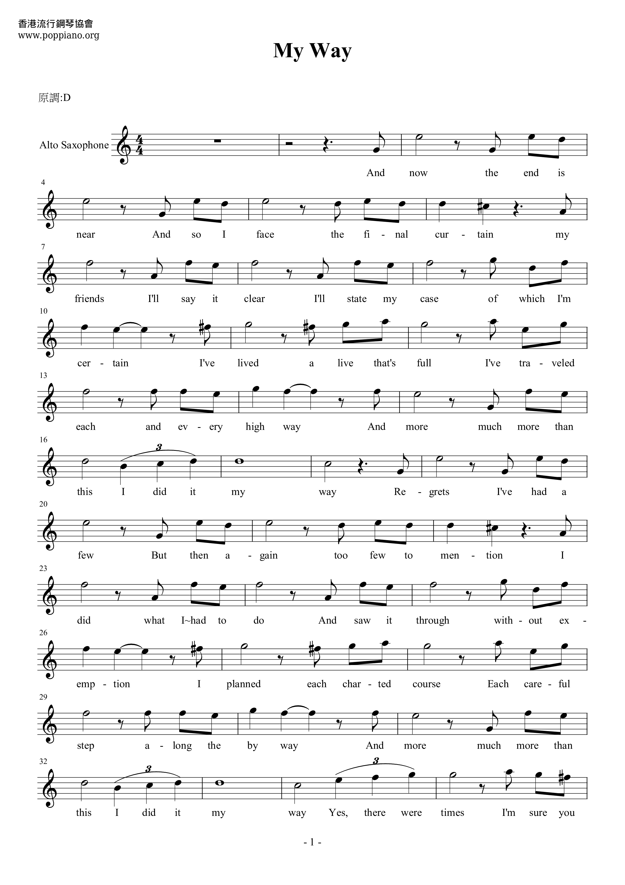 Frank Sinatra My Way Sax Score Pdf Free Score Download