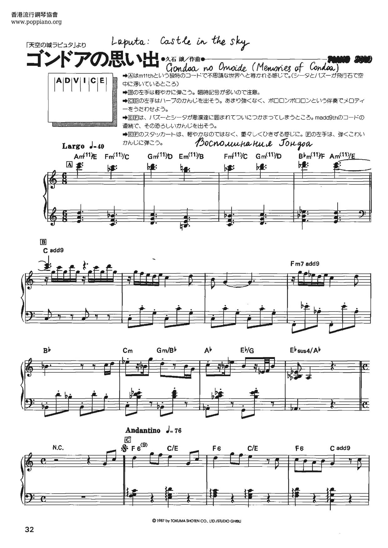 Joe Hisaishi 天空之城 Memories Of Gondoa Sheet Music Pdf ゴンドアの思い出 楽譜 ひさいしじょう Free Score Download