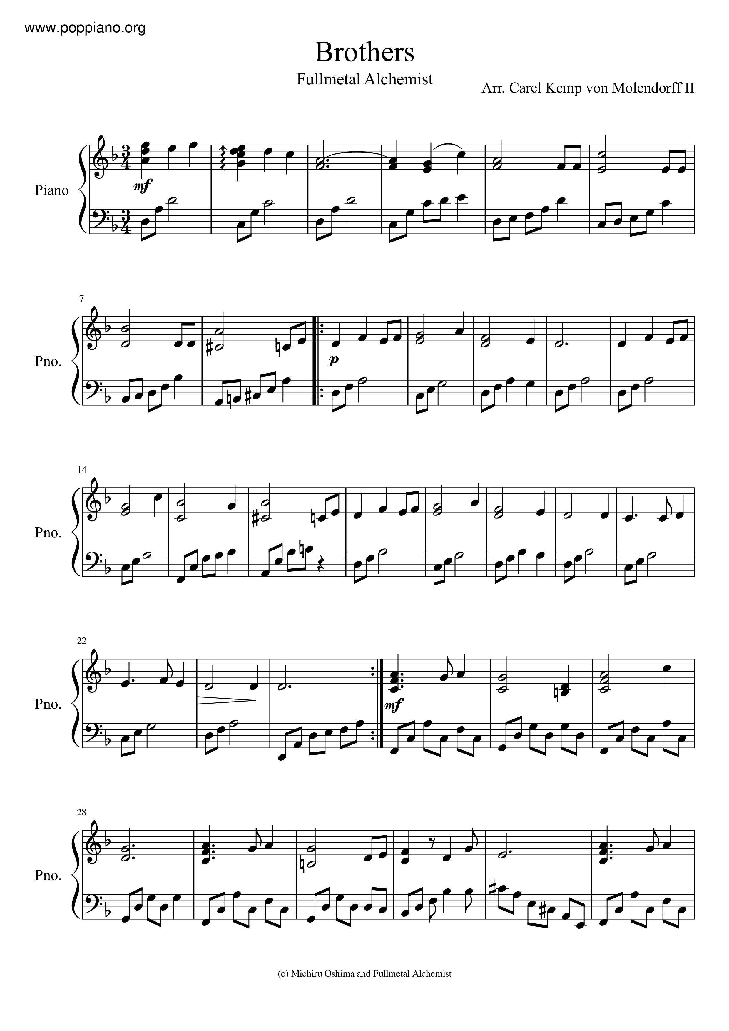 Anime Fullmetal Alchemist Brotherhood Sheet Music Pdf 鋼の錬金術師 Brotherhood 楽譜 Free Score Download