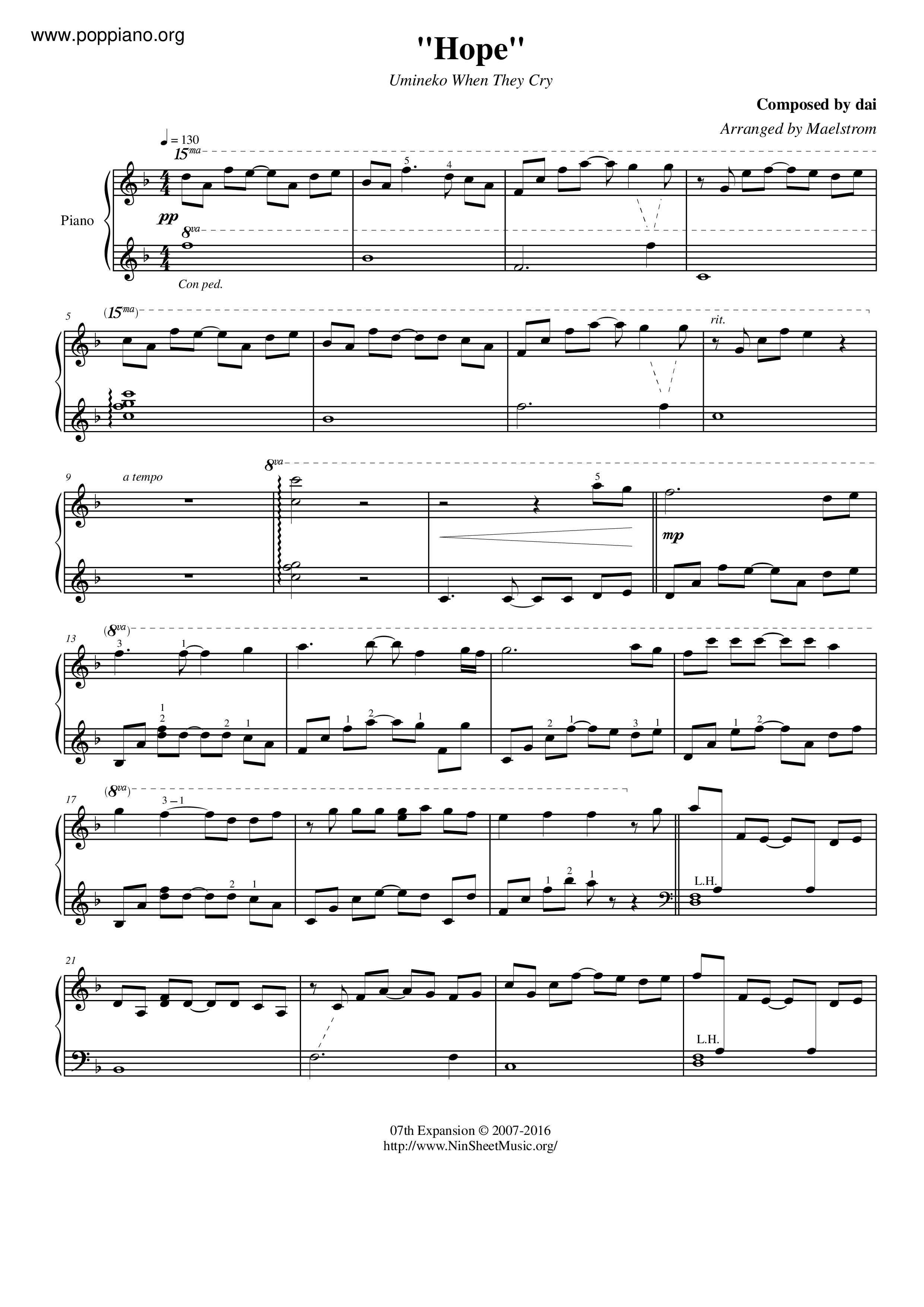 Umineko No Naku Koro Ni Hope Sheet Music Pdf Free Score Download