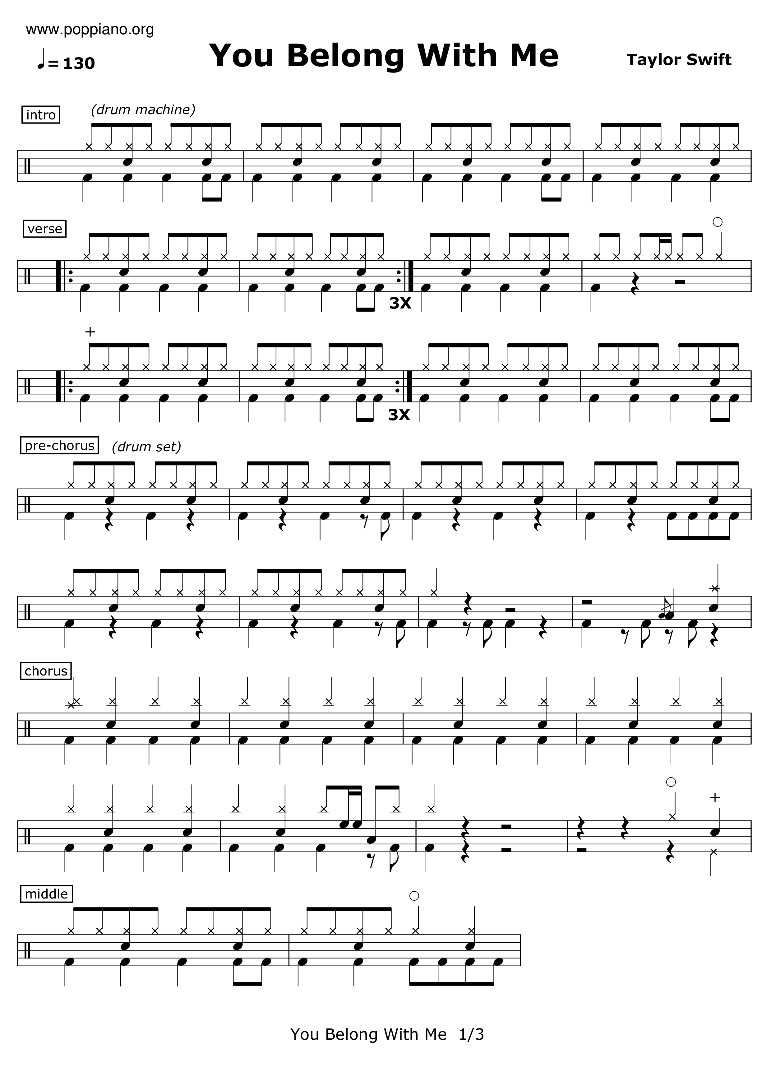 Taylor Swift-You Belong With Me Drum Tab pdf, - Free Score Download ★