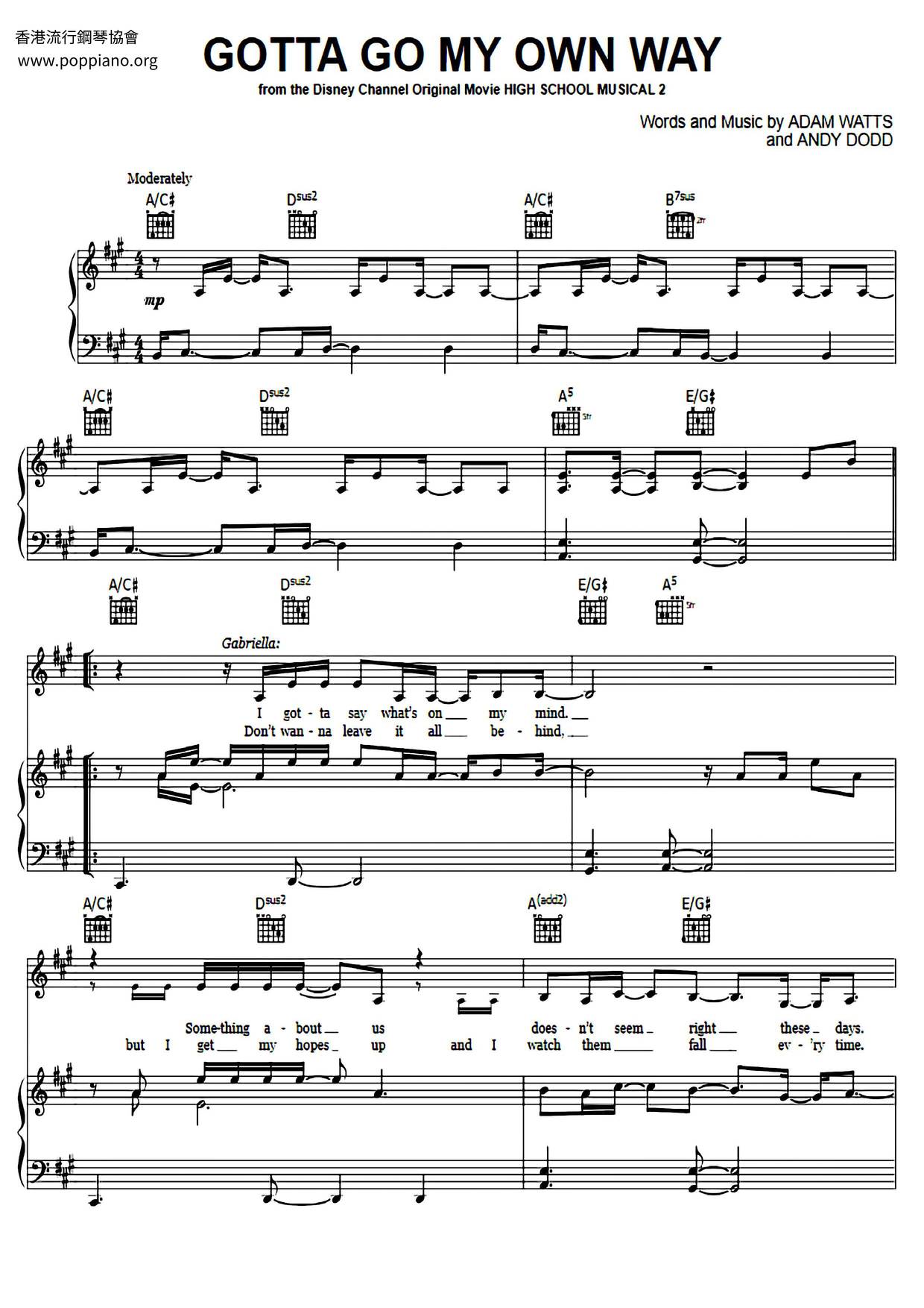 High School Musical 2 Gotta Go My Own Way Sheet Music Pdf Free Score Download