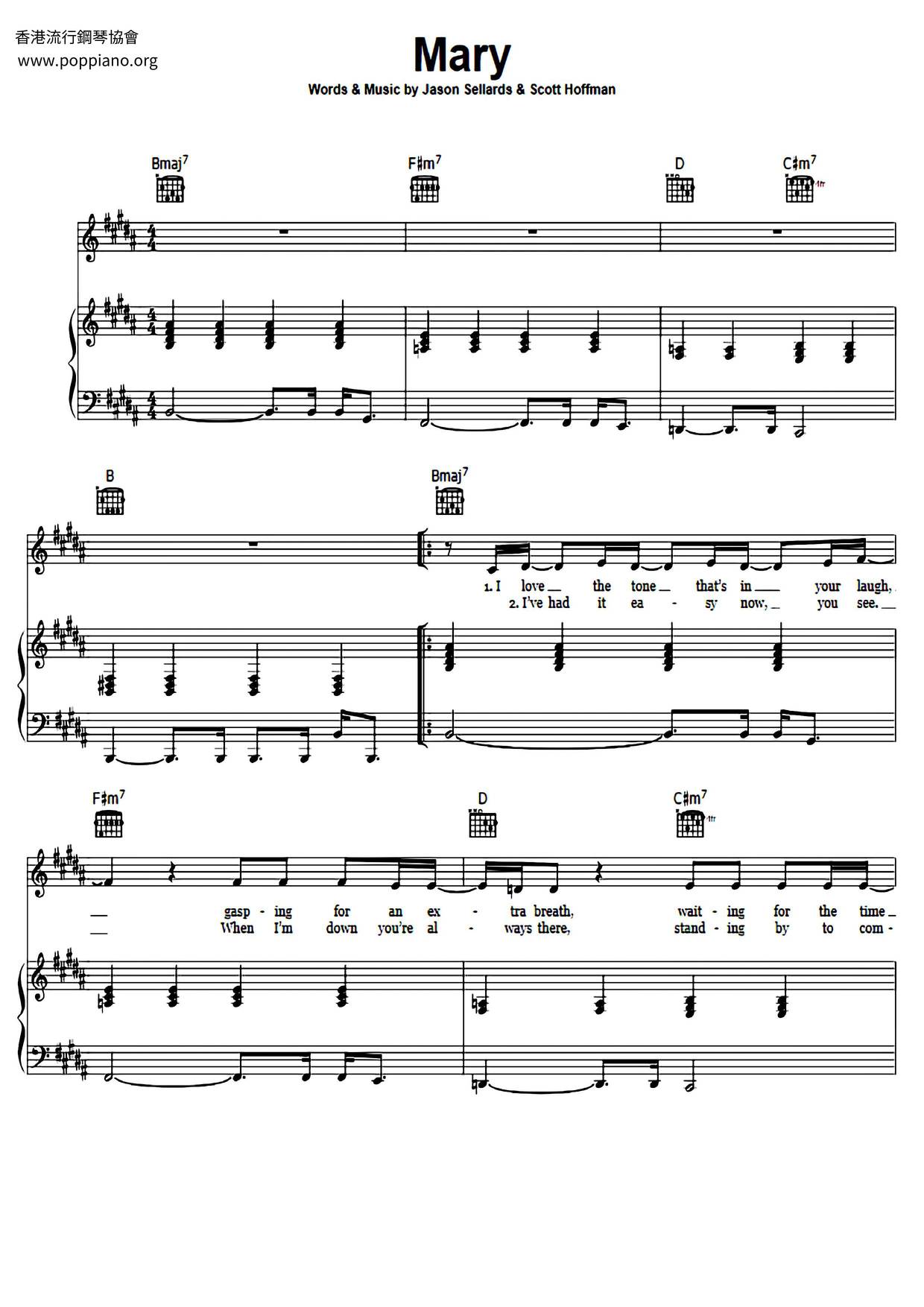 Scissor Sisters Mary Sheet Music Pdf Free Score Download