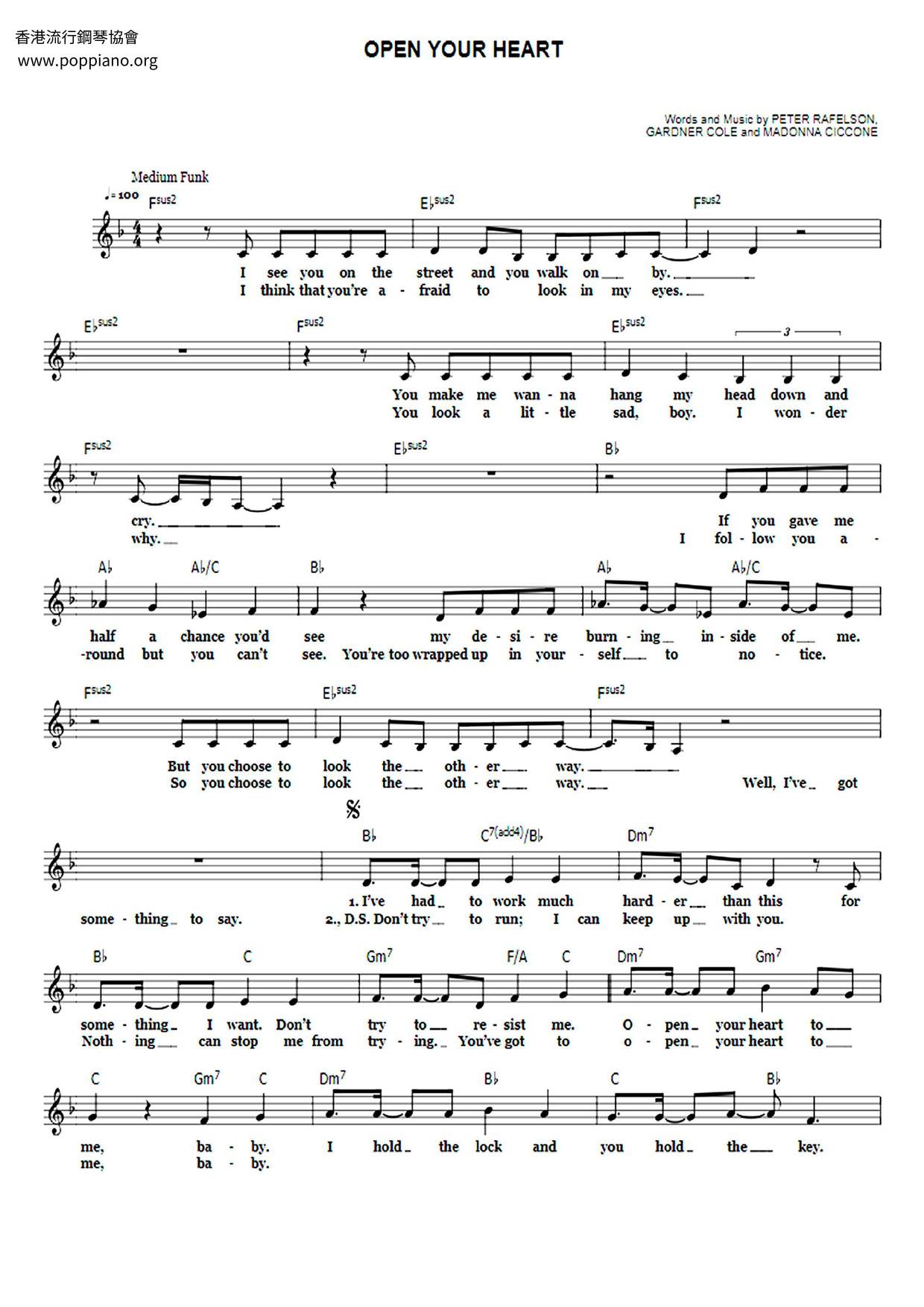 MadonnaOpen Your Heart Sheet Music pdf, Free Score Download ★