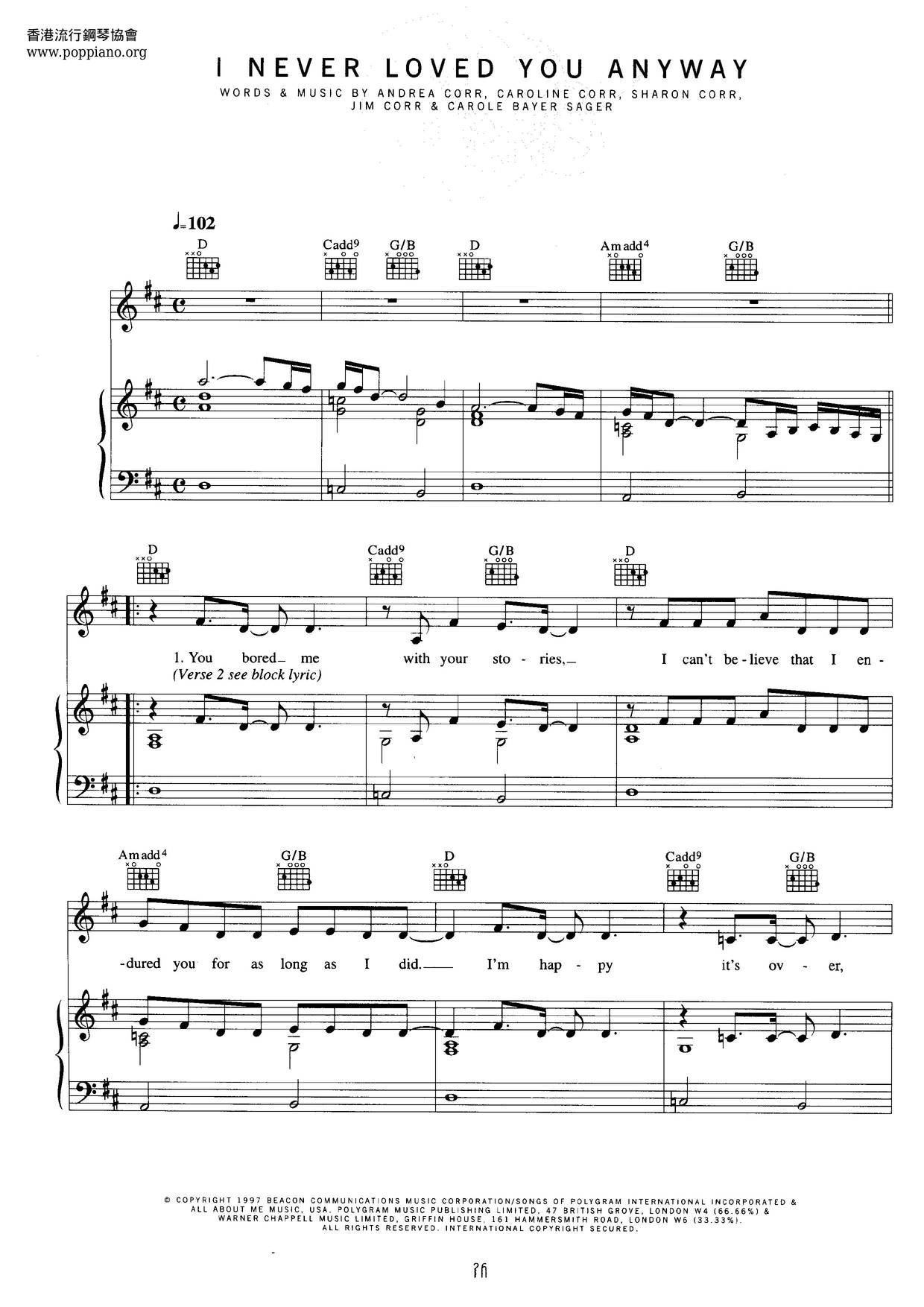 The Corrs I Never Love You Anyway Sheet Music Pdf Free Score Download ★