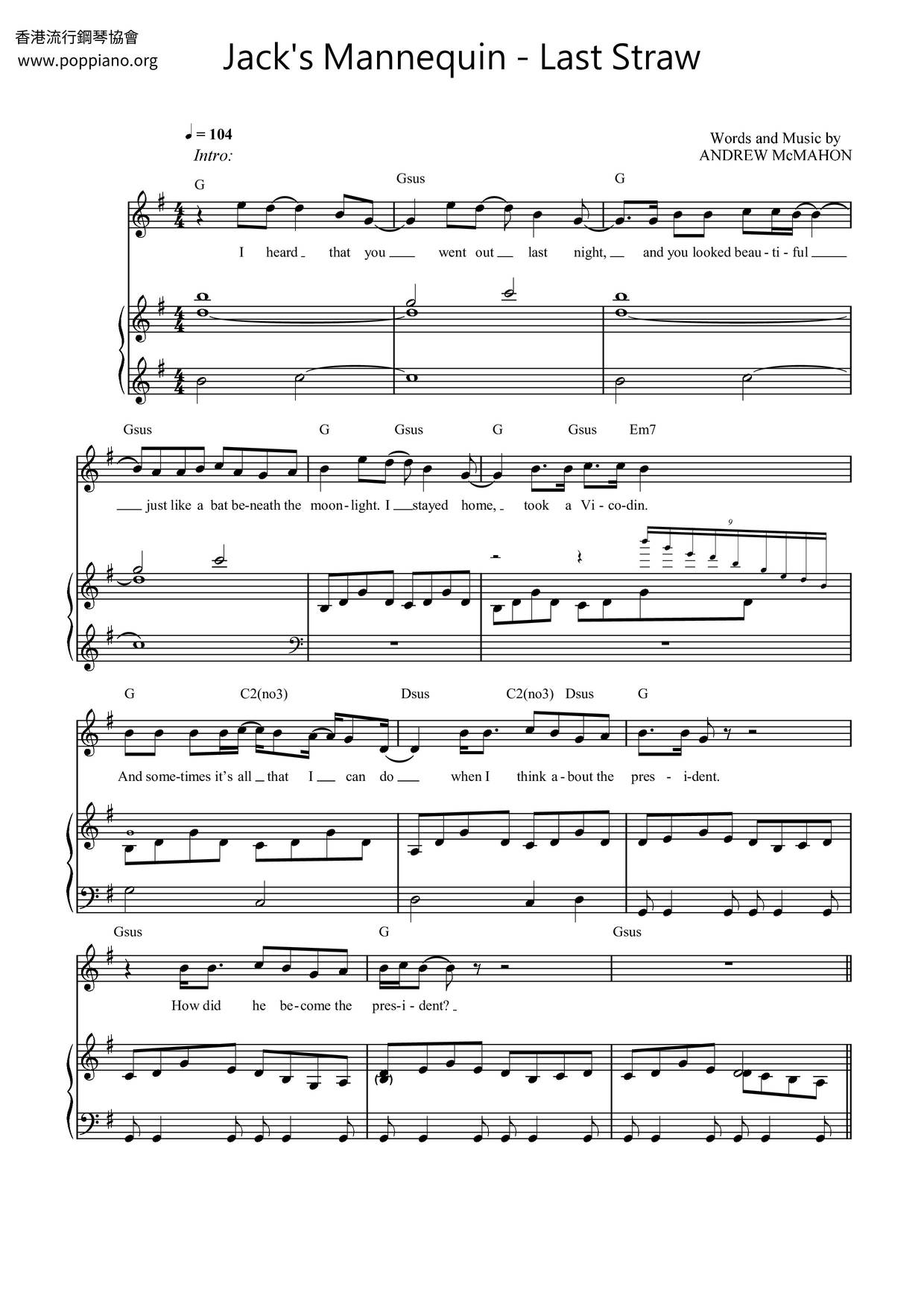 Jack S Mannequin Last Straw Sheet Music Pdf Free Score Download