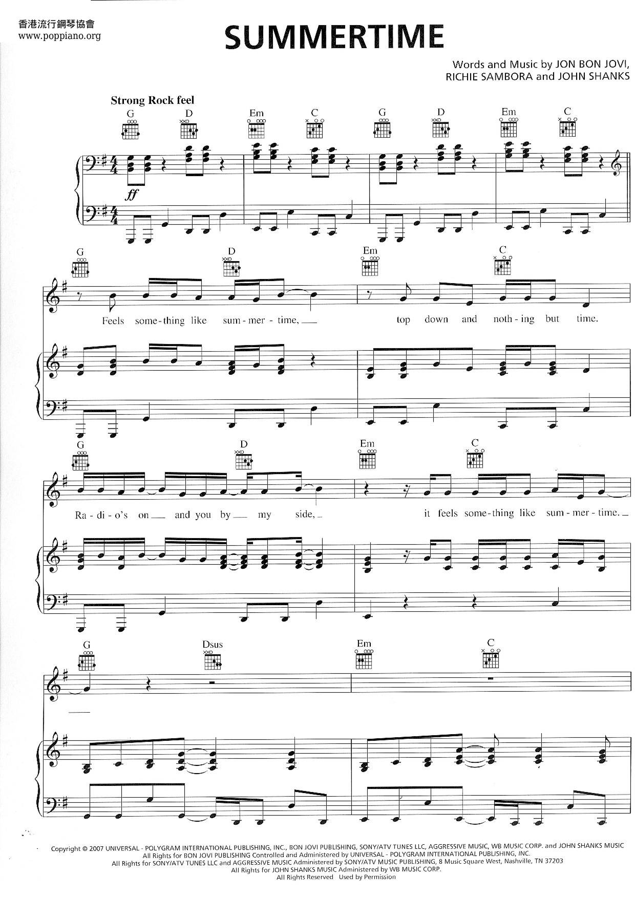 Bon Jovi Summertime Sheet Music Pdf Free Score Download