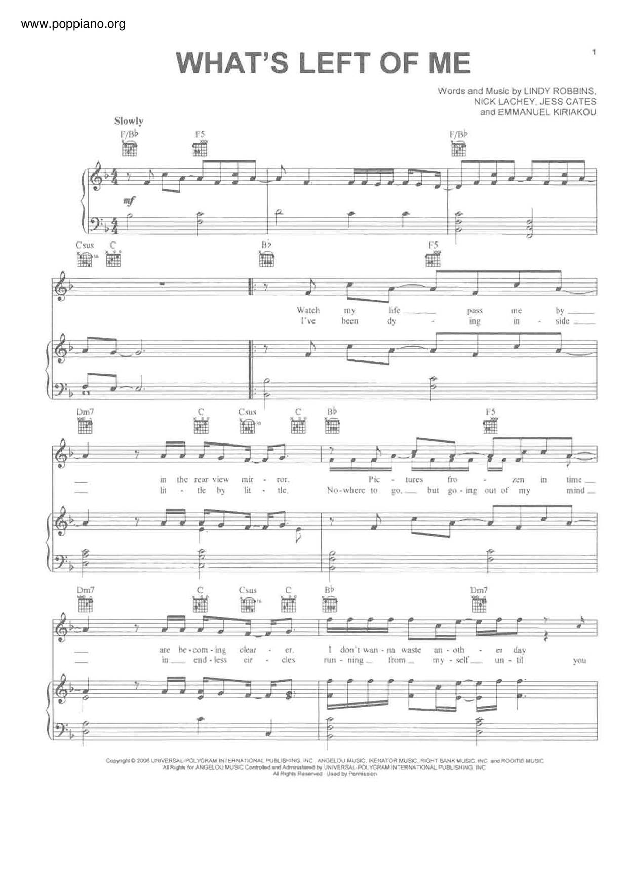 Nick Lachey What S Left Of Me Sheet Music Pdf Free Score Download