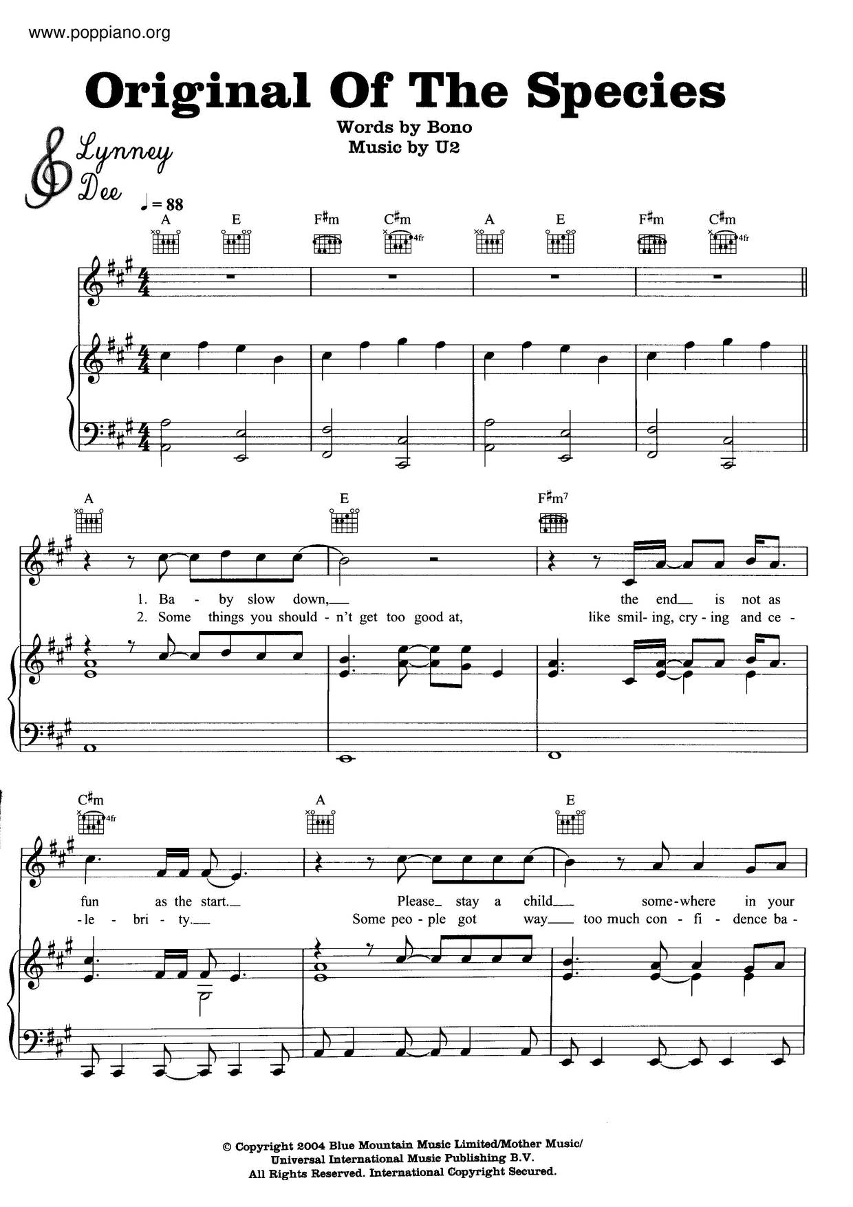 U2 Original Of The Species Sheet Music Pdf Free Score Download