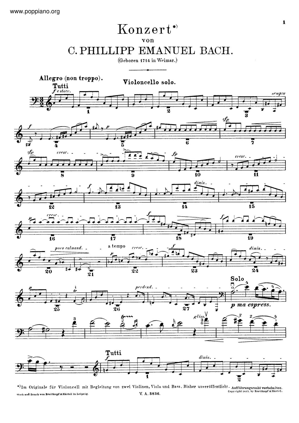 Carl Philipp Emanuel Bach Cello Concerto In A Minor H 432 Sheet Music Pdf Free Score Download