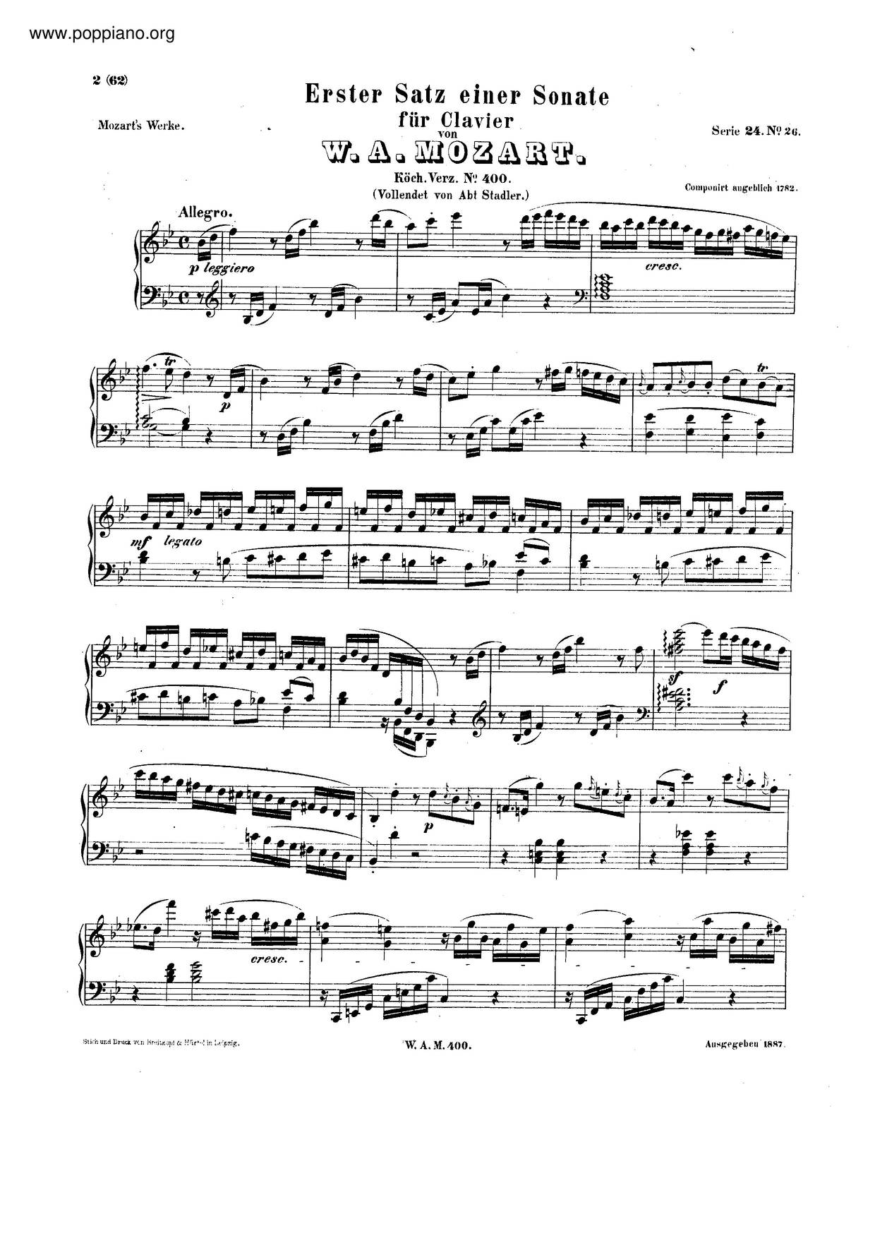 Mozart-Allegro In B-Flat Major, K. 400/372A Sheet Music Pdf, - Free ...