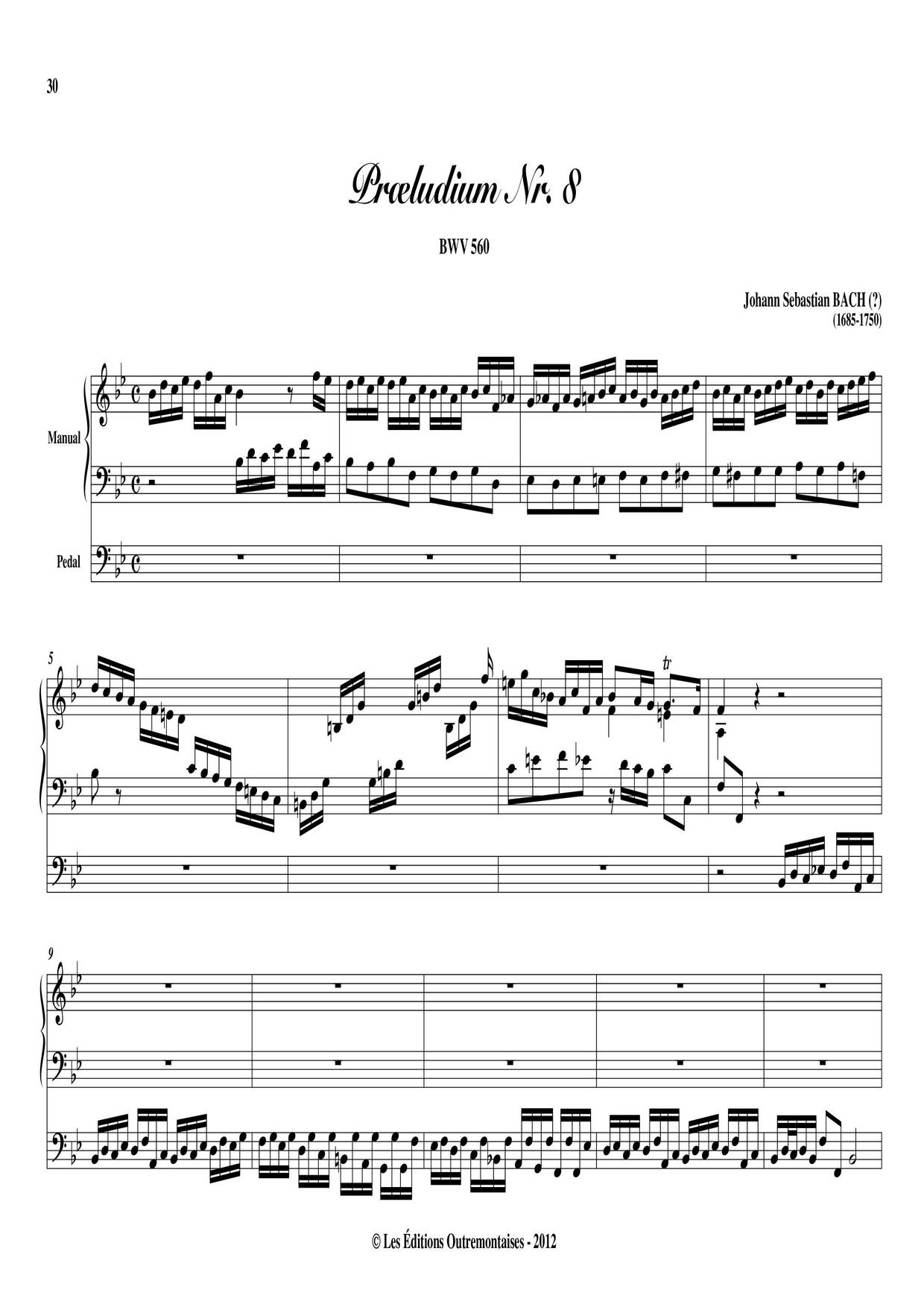 Johann Sebastian Bach-Prelude And Fugue In B-Flat Major, BWV 560 琴谱/五线谱 ...