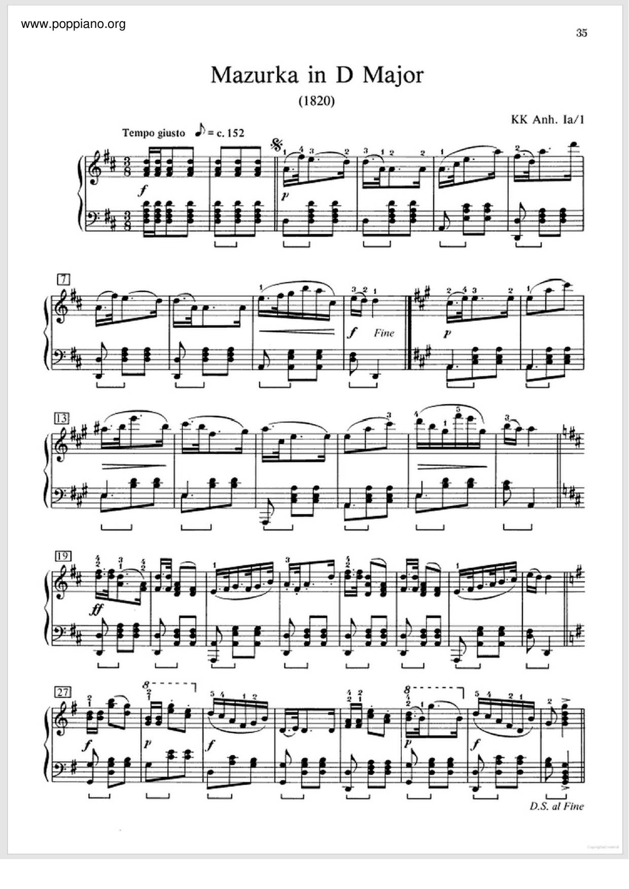 Chopin-Mazurka In D Major, B. 4 Sheet Music Pdf, - Free Score Download ★