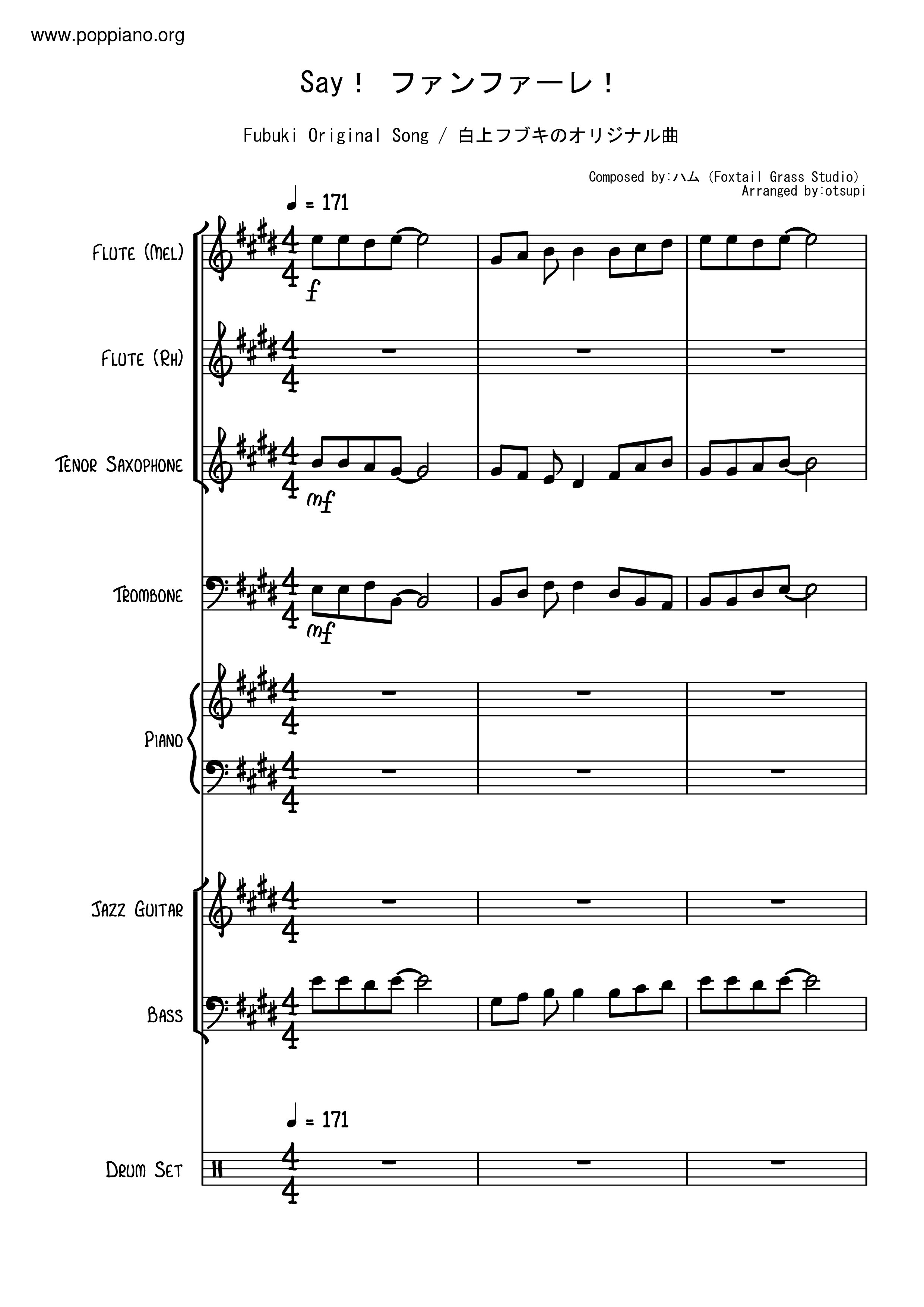 Fubuki Original Song 白上フブキのオリジナル曲 Say ファンファーレ Full Score Pdf Free Score Download