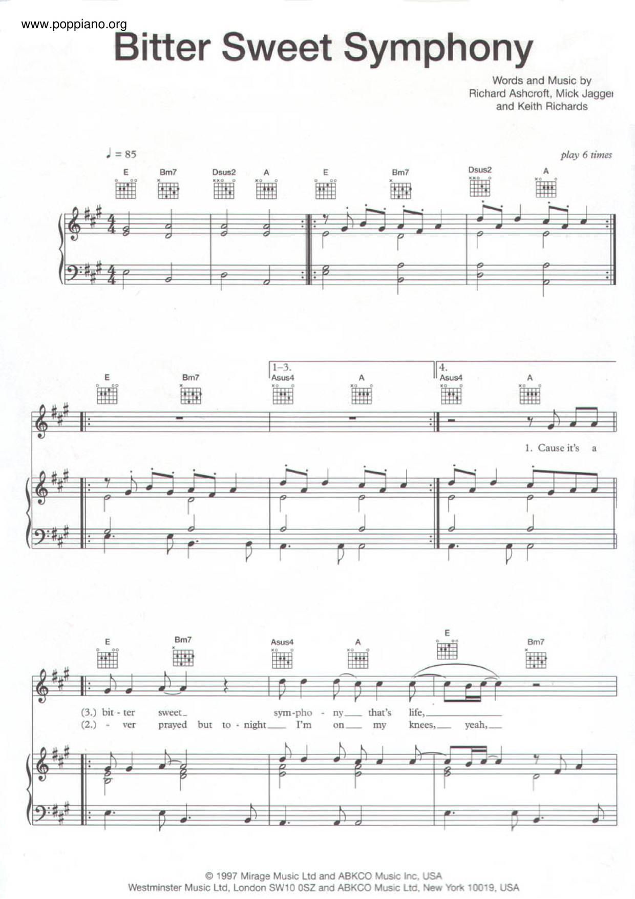 The Verve Bitter Sweet Symphony Sheet Music Pdf Free Score Download 