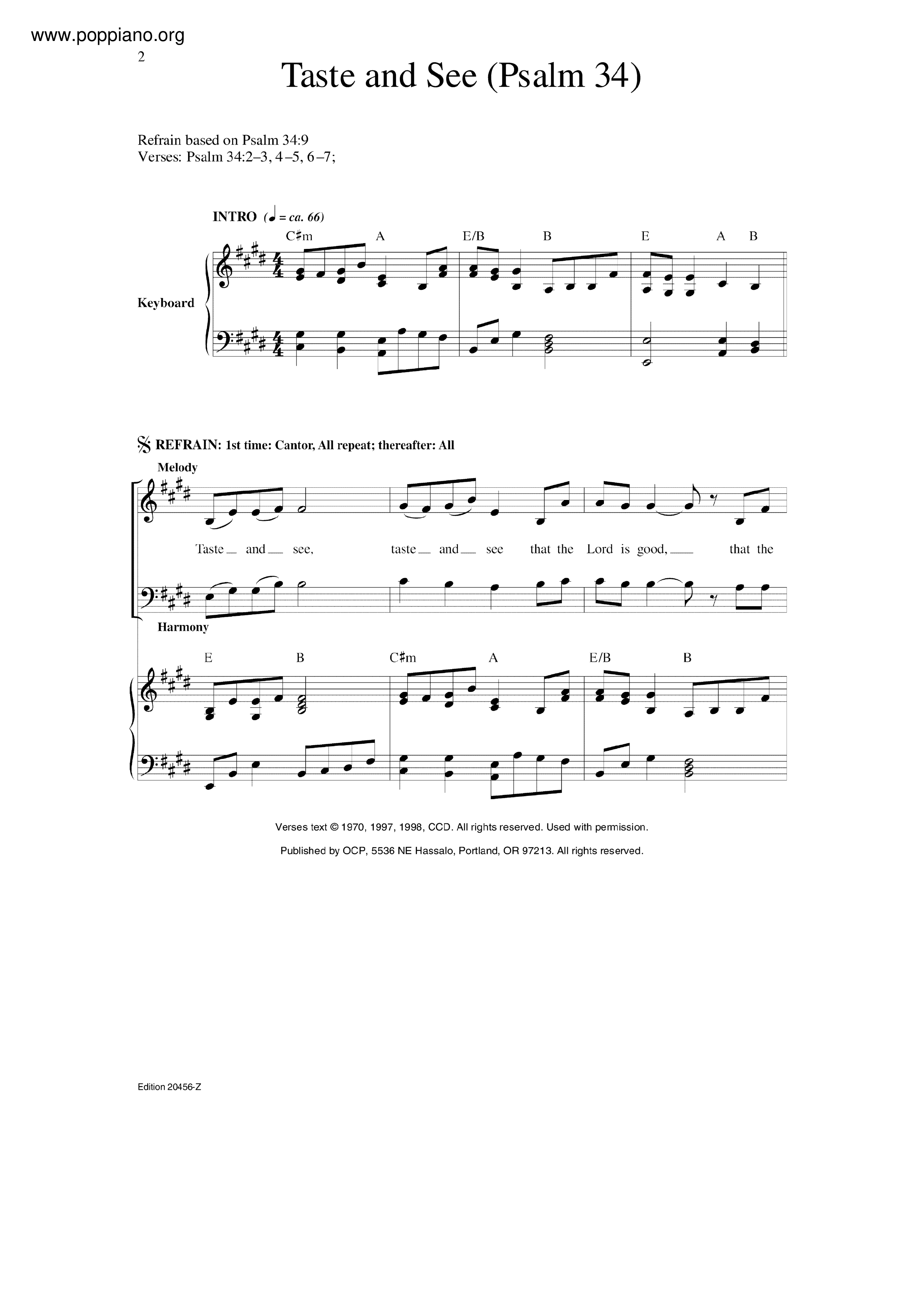 Taste And See Psalm 34 Sheet Music Piano Score Free PDF Download 