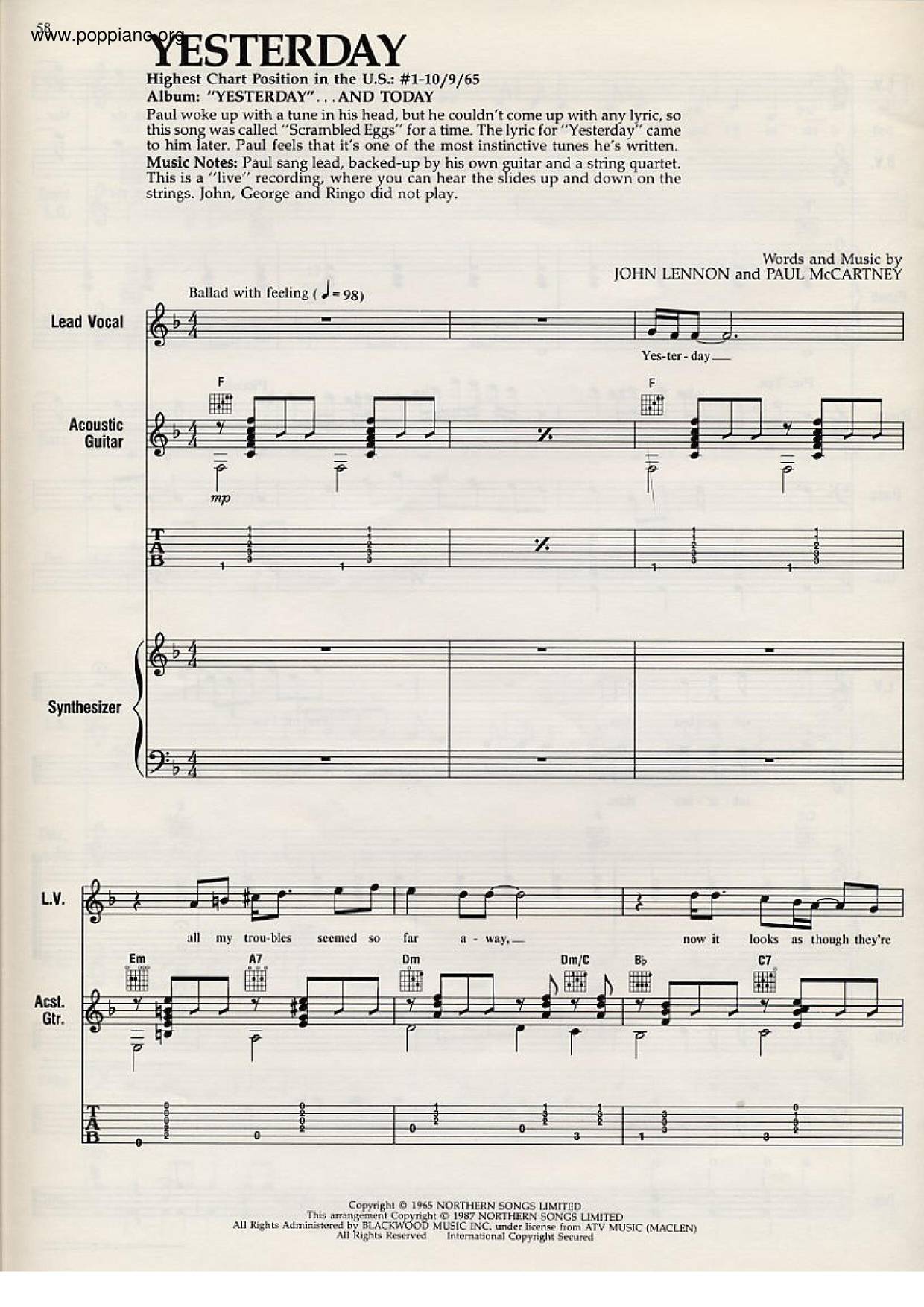 The Beatles Yesterday Sheet Music Pdf Free Score Download