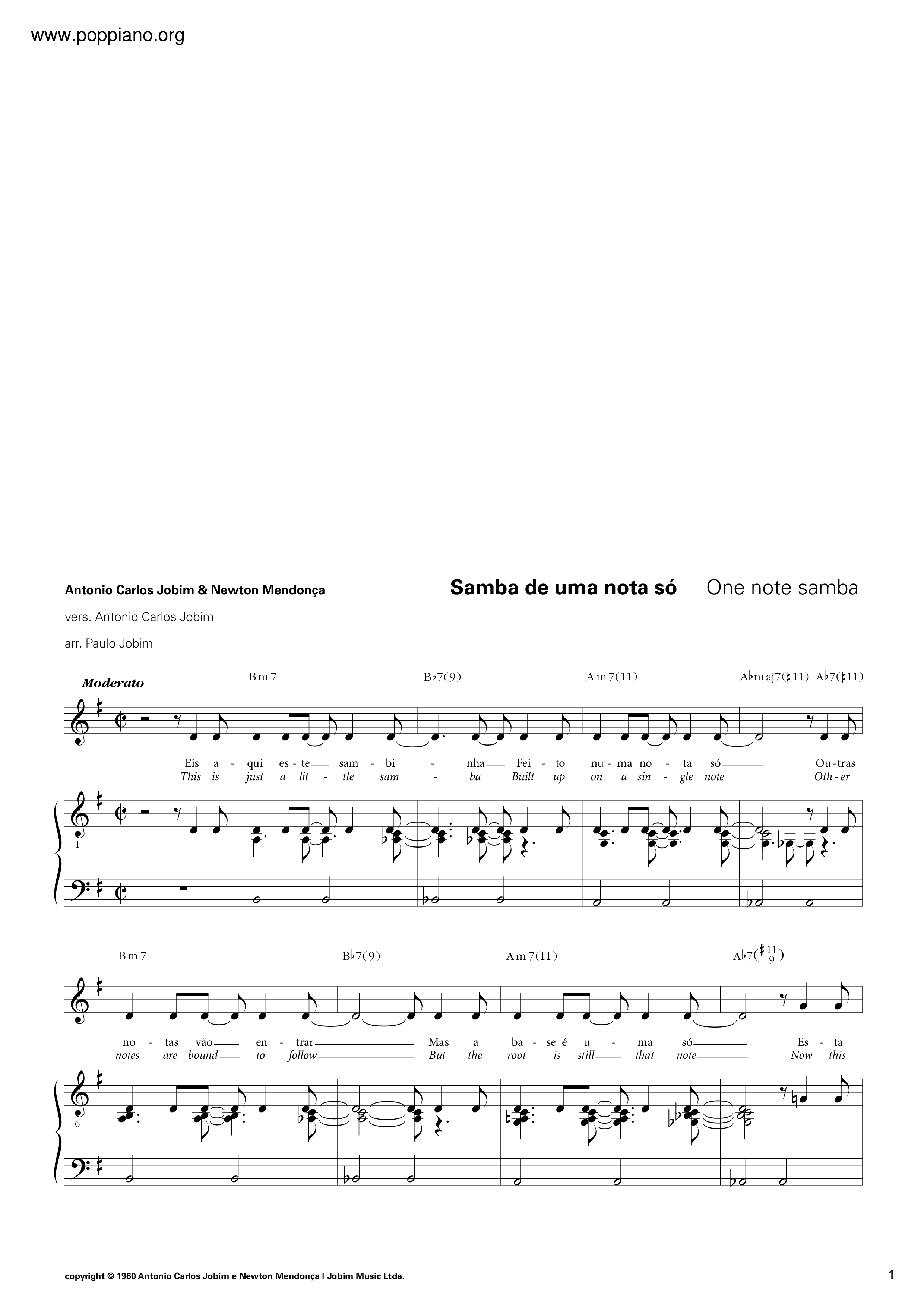Samba De Uma Nota So琴譜