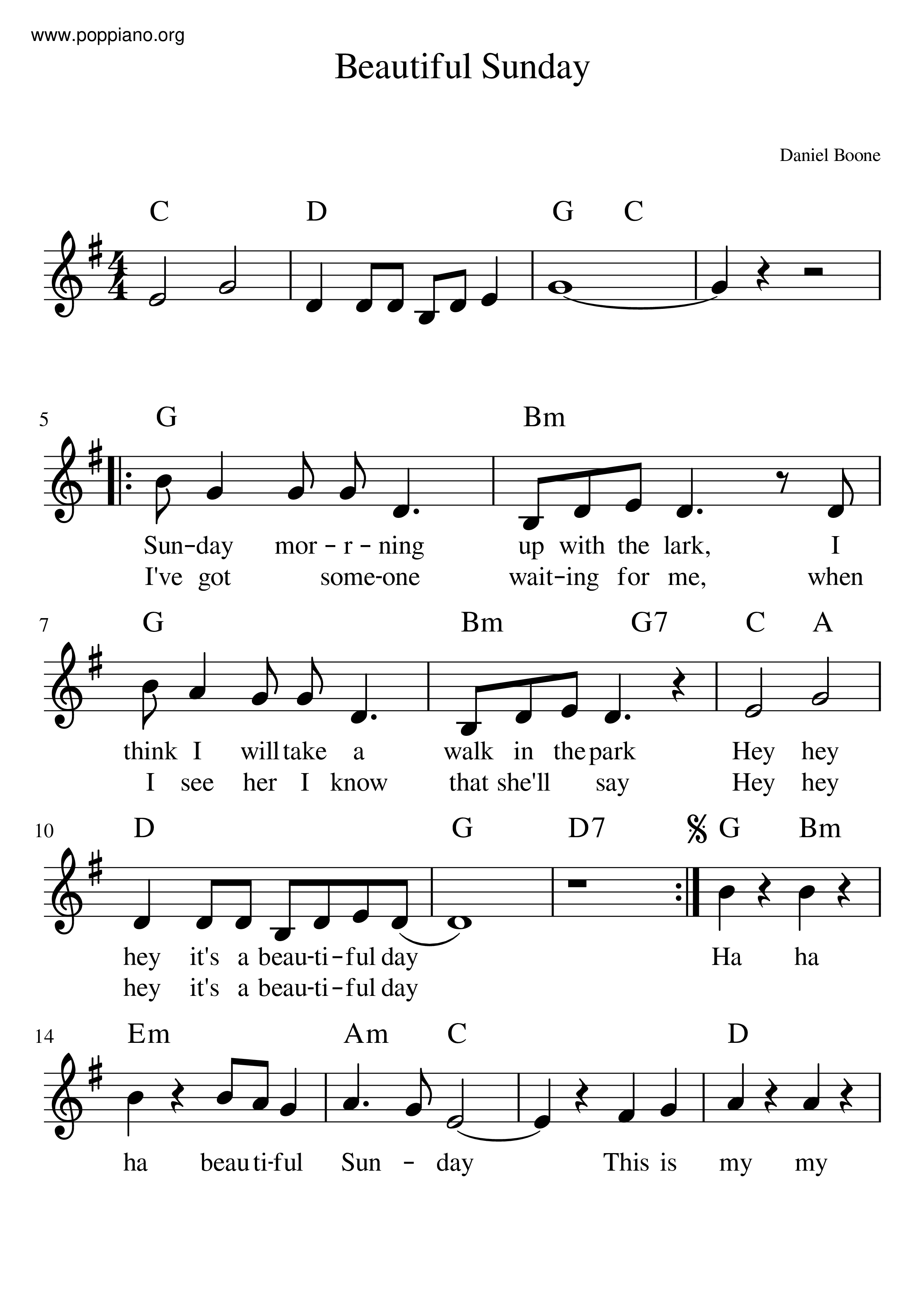 Daniel Boone Beautiful Sunday Sheet Music Pdf Free Score Download