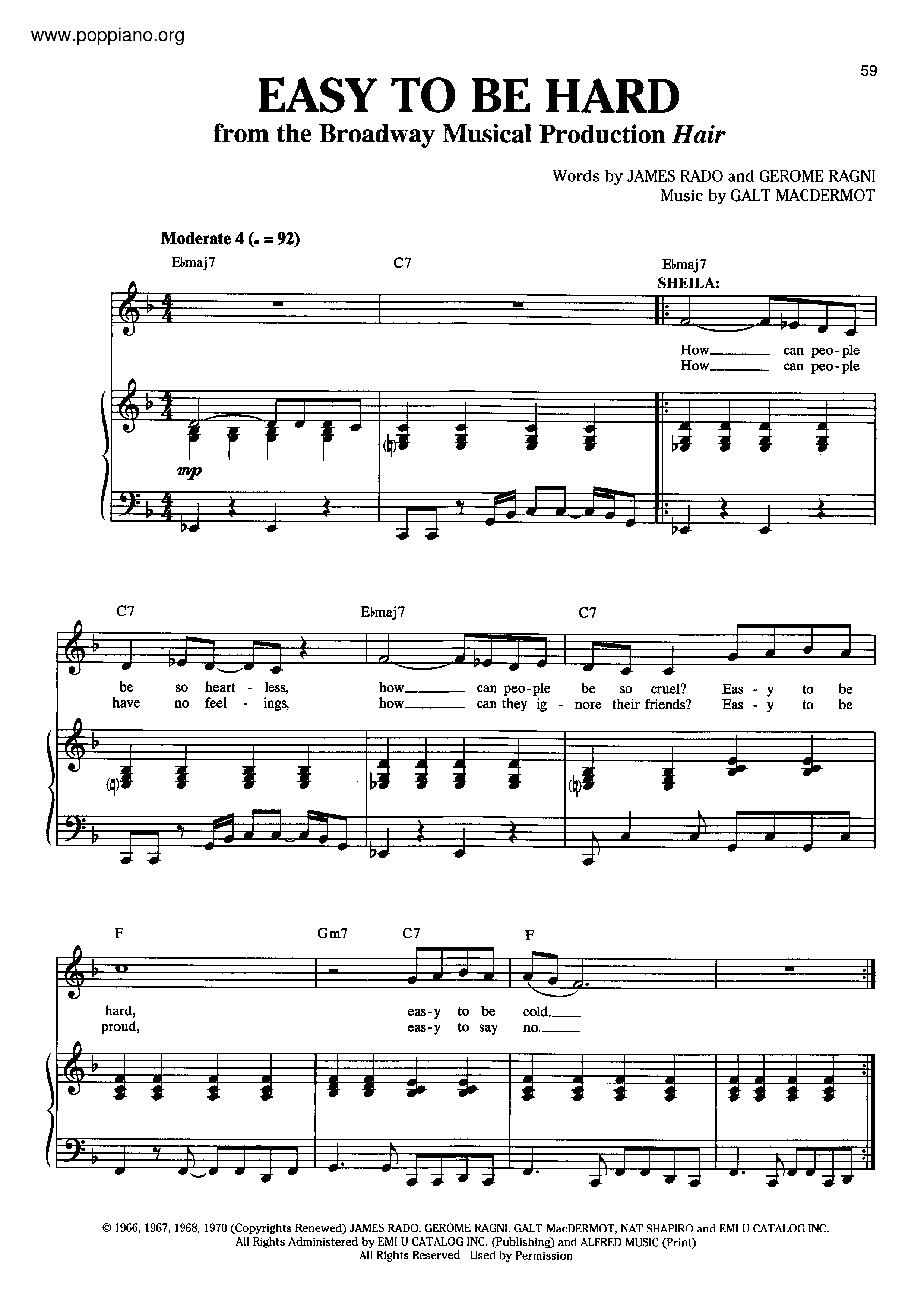 HairEasy To Be Hard Sheet Music pdf, Free Score Download ★