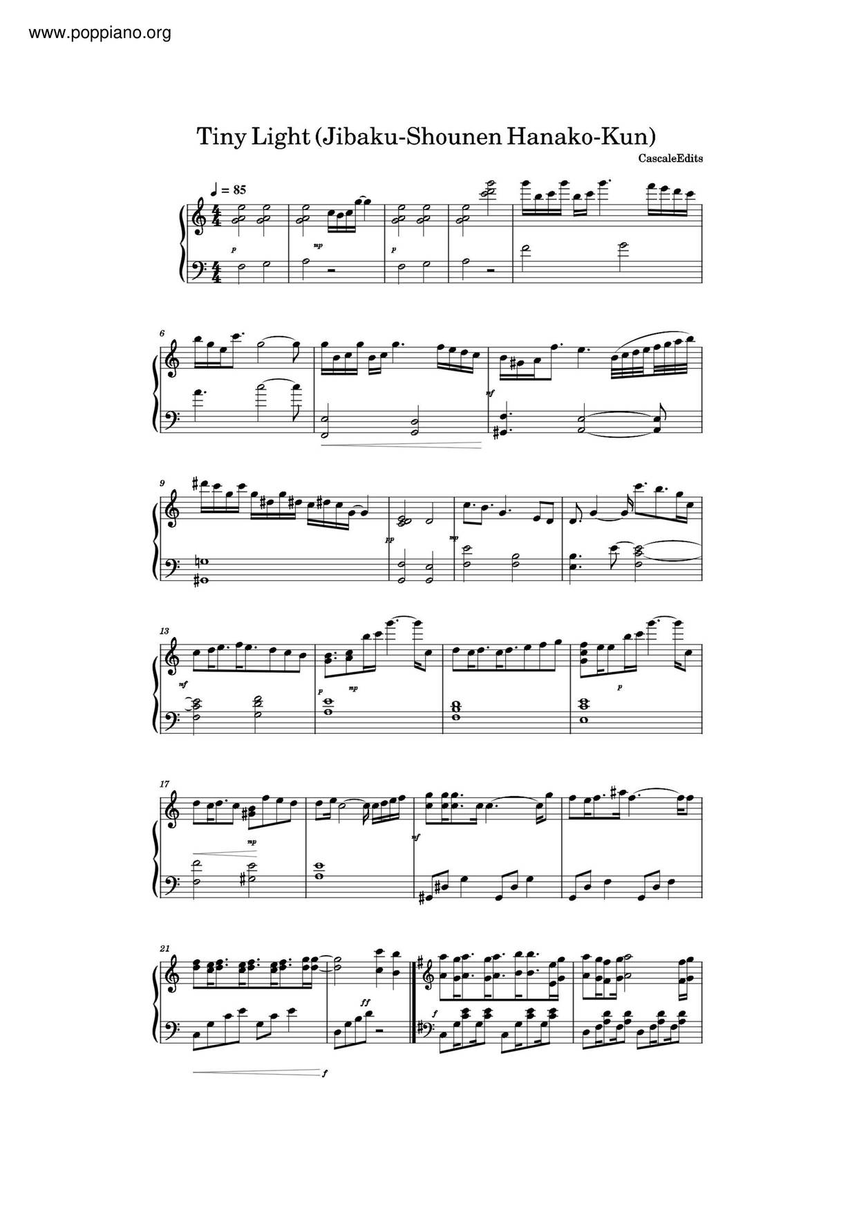 鬼頭明里 地縛少年花子君ed Tiny Light Sheet Music Pdf Free Score Download