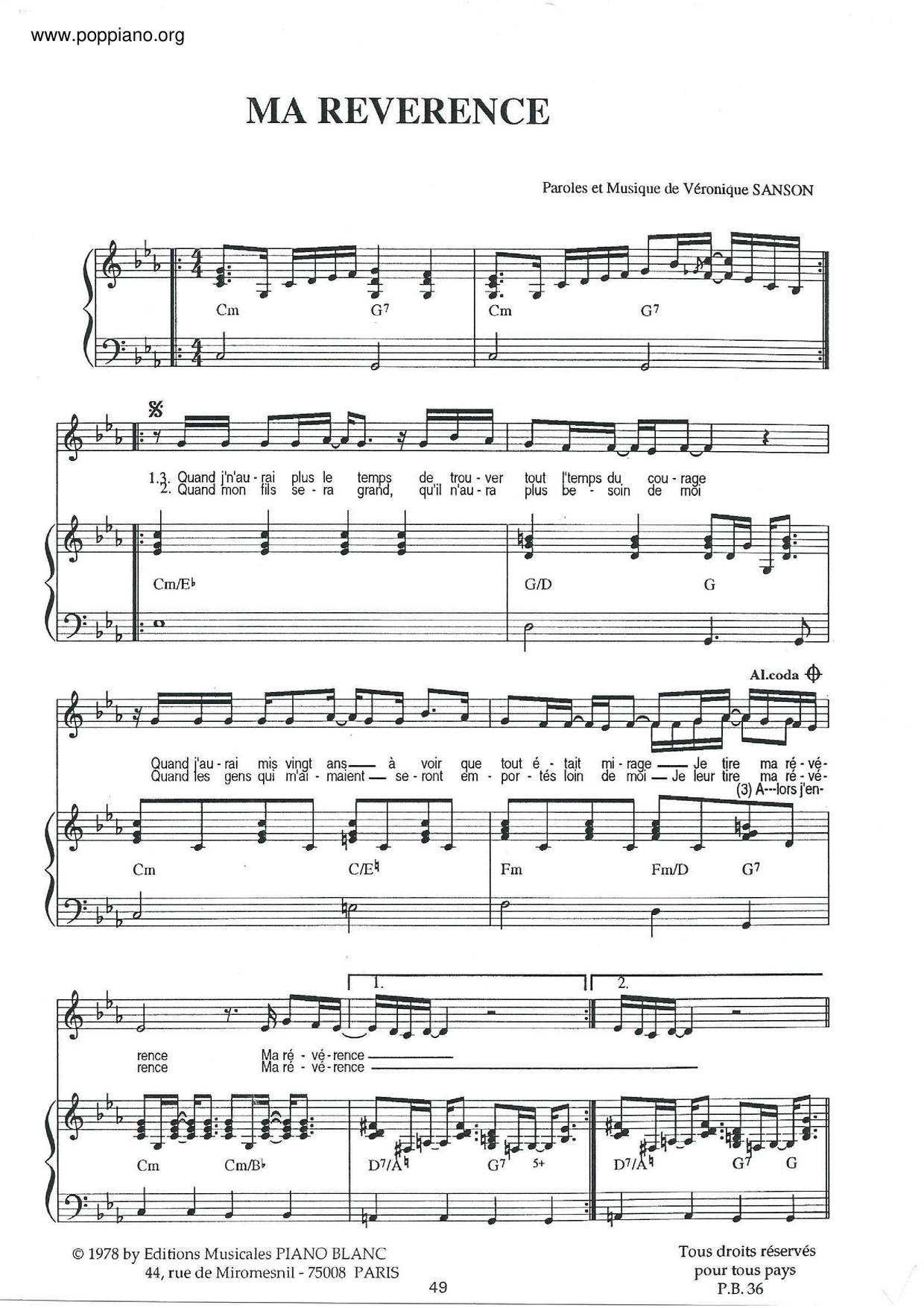 Veronique Sanson Ma Reverence Sheet Music Pdf Free Score Download 