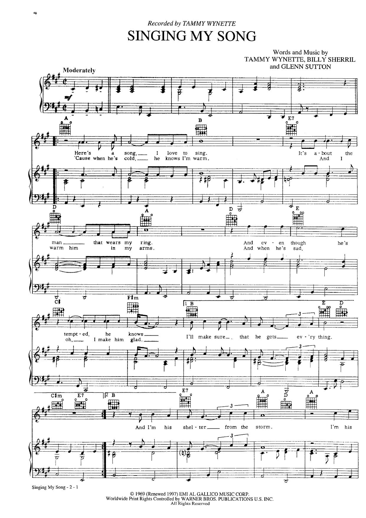 Tammy Wynette-Singing My Song Sheet Music pdf, - Free Score Download ★