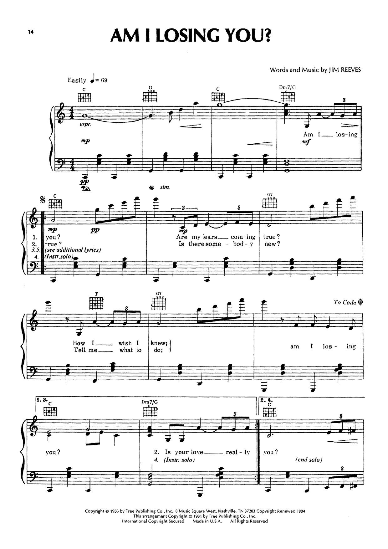 Jim Reeves Am I Losing You Sheet Music Pdf Free Score Download ★ 