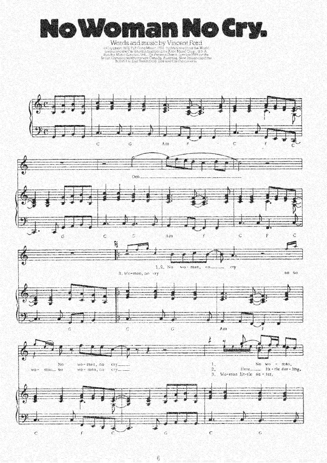 Bob Marley No Woman No Cry Sheet Music Pdf Free Score Download ★