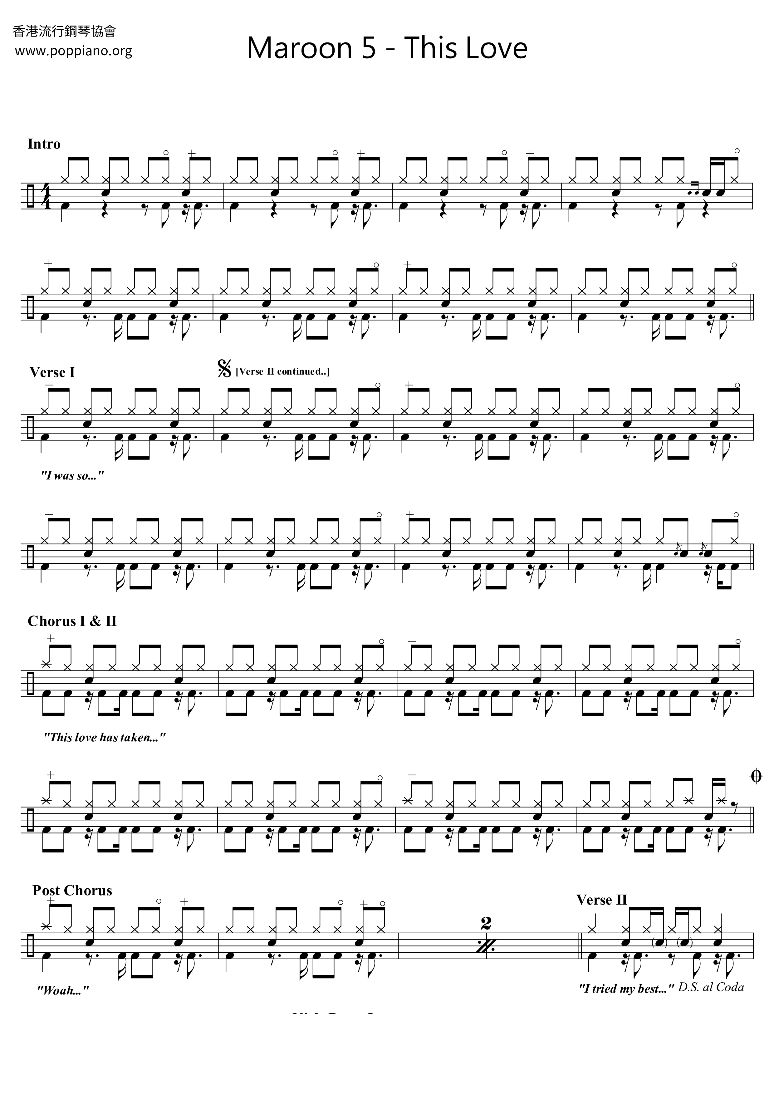 Maroon 5 This Love Drum Tab Pdf Free Score Download