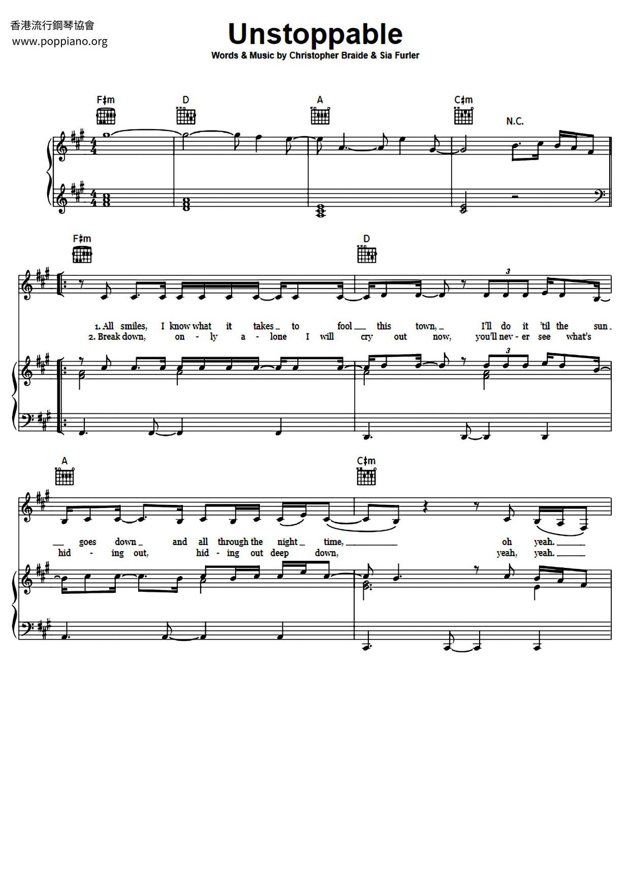 Sia Unstoppable Sheet Music Pdf Free Score Download 